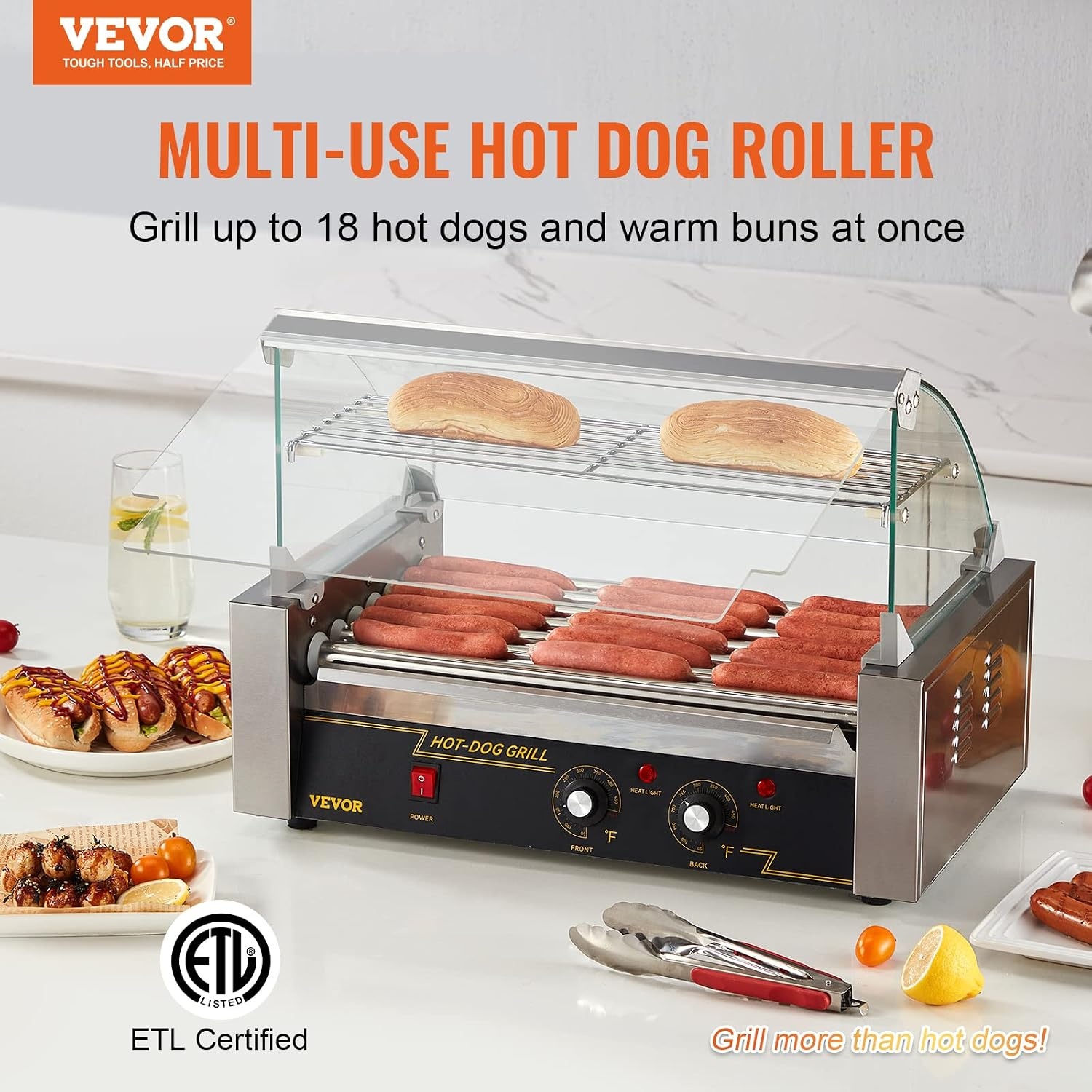 image:imageVEVOR Hot Dog Roller 5 Rollers 12 Hot Dogs Capacity 750W Stainless Sausage Grill Cooker Machine with Dual Temp Control Glass Hood Acrylic Cover Bun Warmer Shelf Removable Oil Drip Tray ETL Certified7 RollersCover