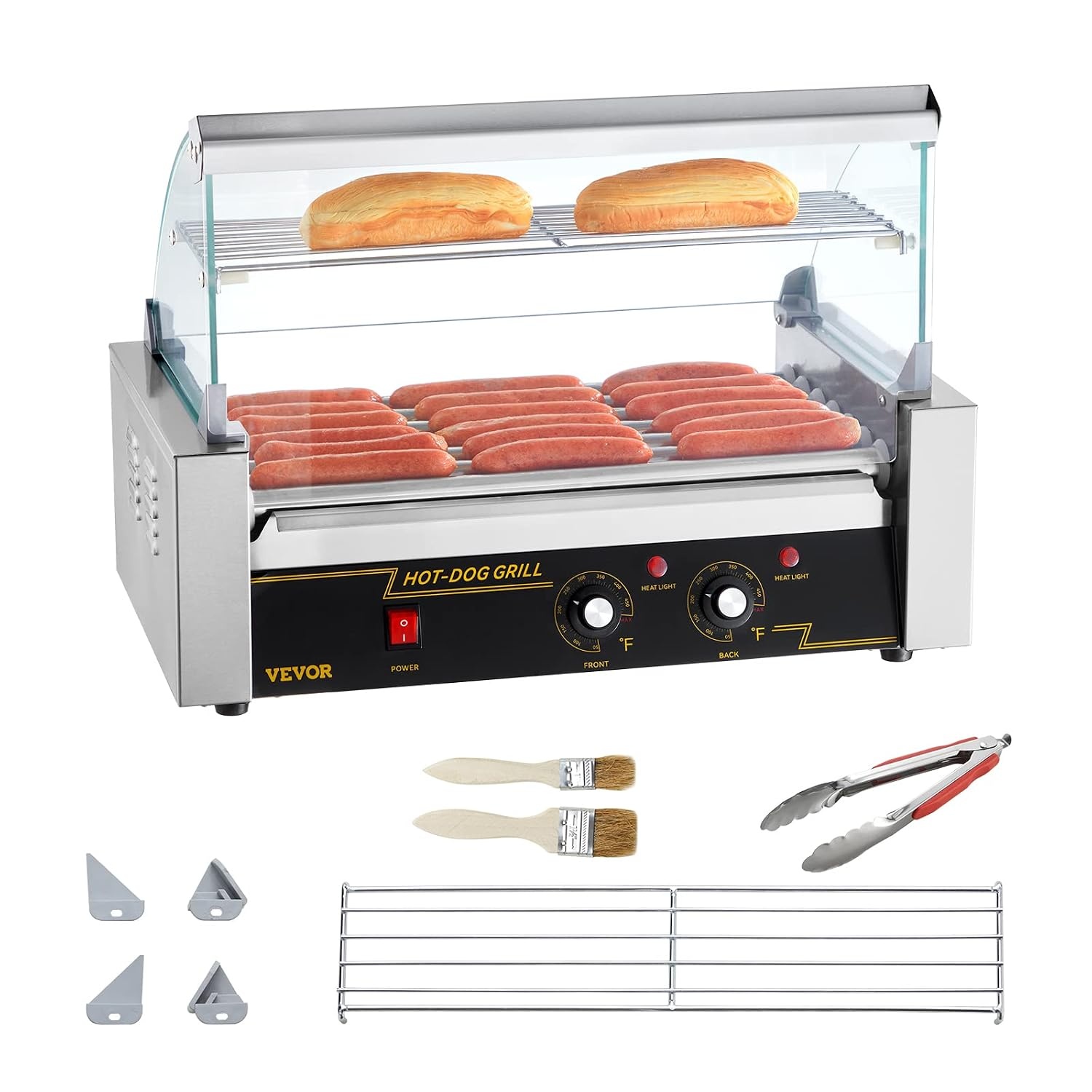 image:imageVEVOR Hot Dog Roller 5 Rollers 12 Hot Dogs Capacity 750W Stainless Sausage Grill Cooker Machine with Dual Temp Control Glass Hood Acrylic Cover Bun Warmer Shelf Removable Oil Drip Tray ETL Certified7 RollersCover