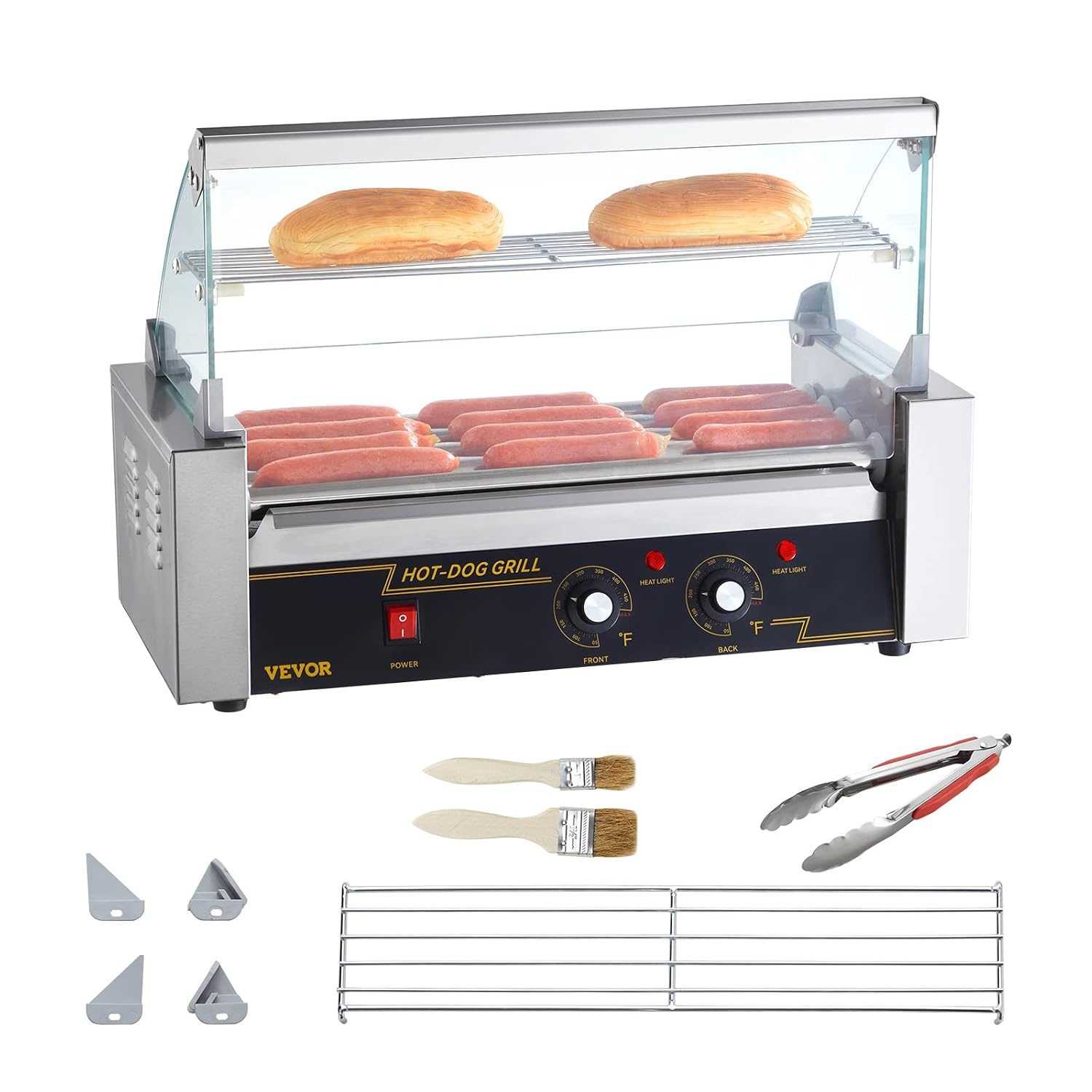 image:imageVEVOR Hot Dog Roller 5 Rollers 12 Hot Dogs Capacity 750W Stainless Sausage Grill Cooker Machine with Dual Temp Control Glass Hood Acrylic Cover Bun Warmer Shelf Removable Oil Drip Tray ETL Certified5 RollersCover