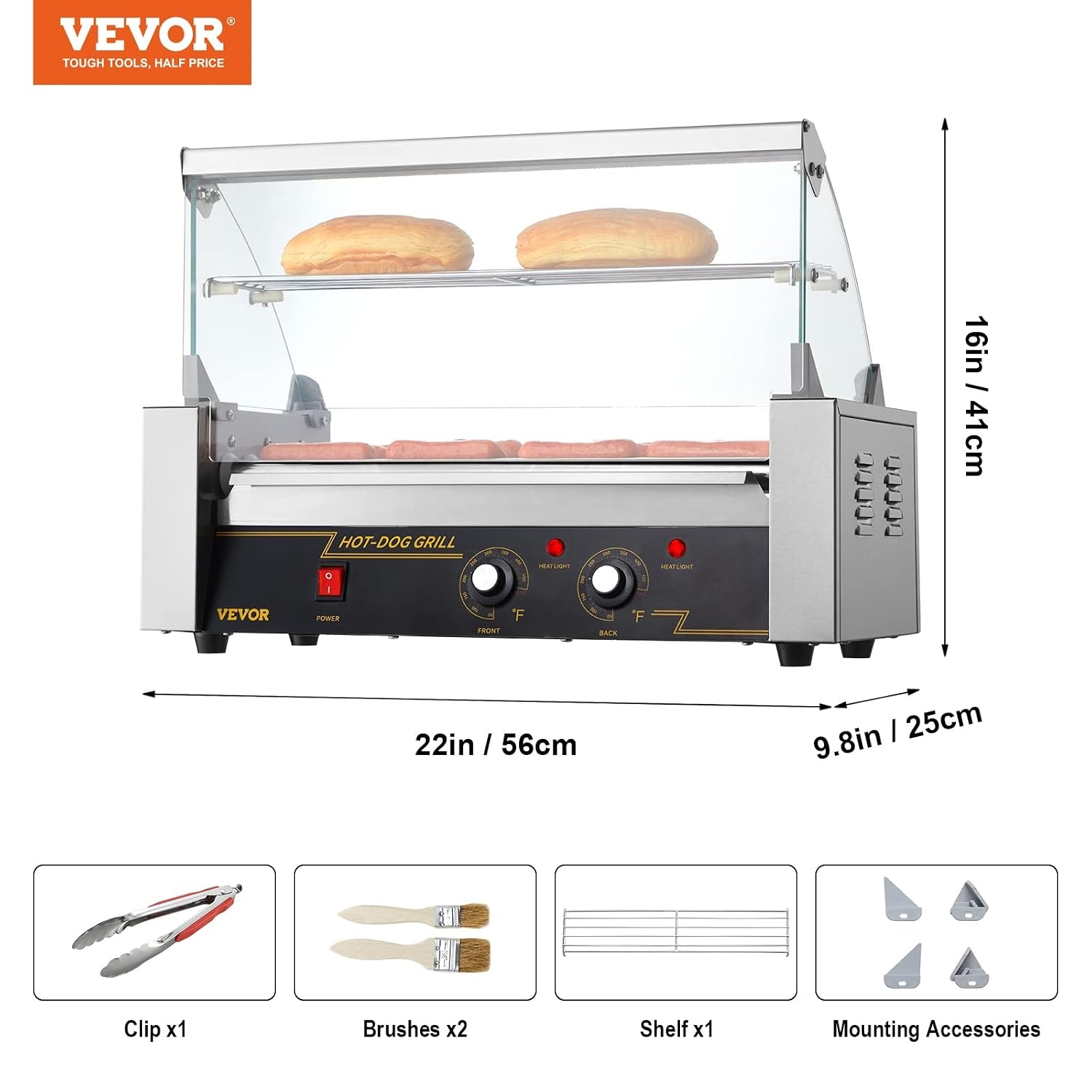 image:imageVEVOR Hot Dog Roller 5 Rollers 12 Hot Dogs Capacity 750W Stainless Sausage Grill Cooker Machine with Dual Temp Control Glass Hood Acrylic Cover Bun Warmer Shelf Removable Oil Drip Tray ETL Certified5 RollersCover