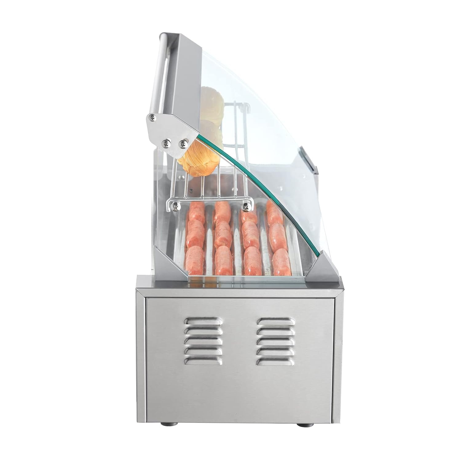 image:imageVEVOR Hot Dog Roller 5 Rollers 12 Hot Dogs Capacity 750W Stainless Sausage Grill Cooker Machine with Dual Temp Control Glass Hood Acrylic Cover Bun Warmer Shelf Removable Oil Drip Tray ETL Certified5 RollersCover