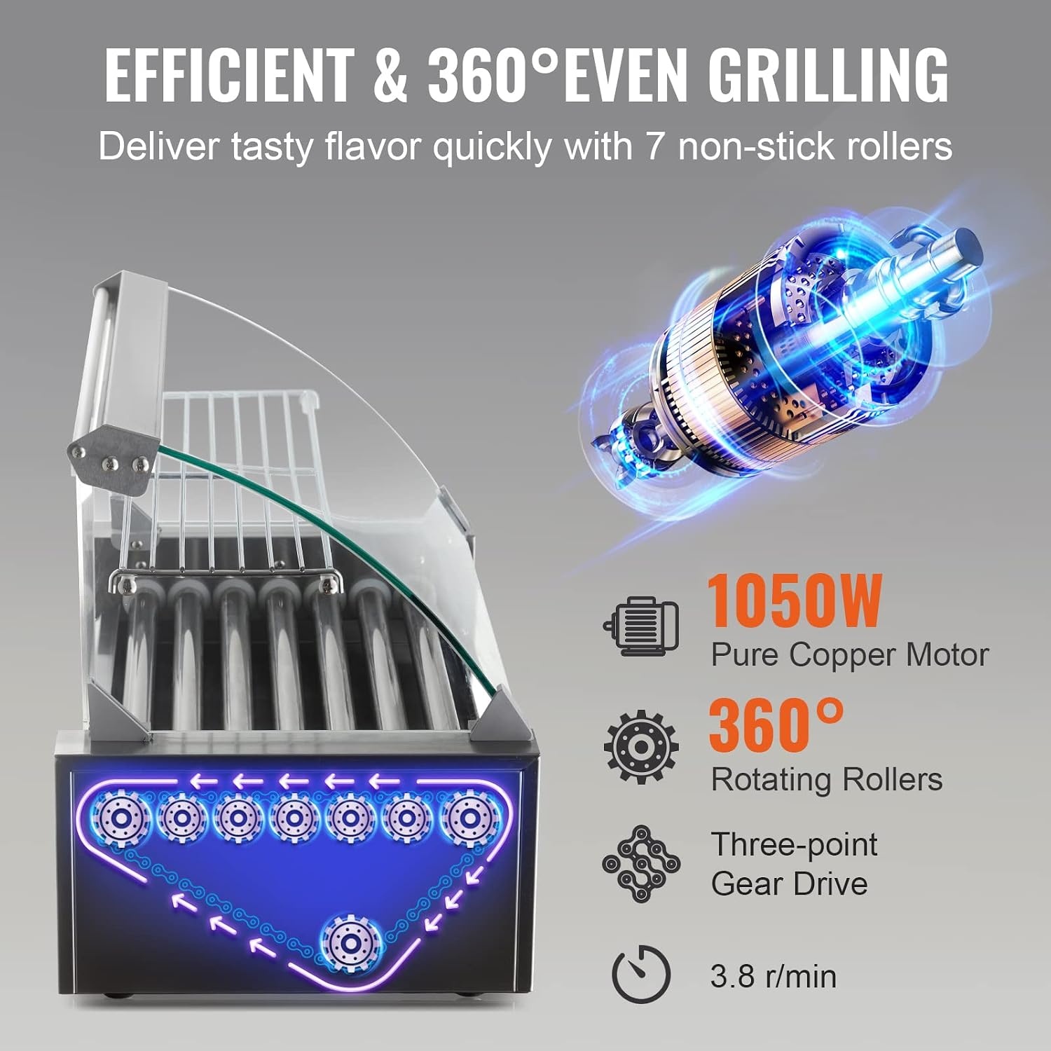image:imageVEVOR Hot Dog Roller 5 Rollers 12 Hot Dogs Capacity 750W Stainless Sausage Grill Cooker Machine with Dual Temp Control Glass Hood Acrylic Cover Bun Warmer Shelf Removable Oil Drip Tray ETL Certified7 RollersCover