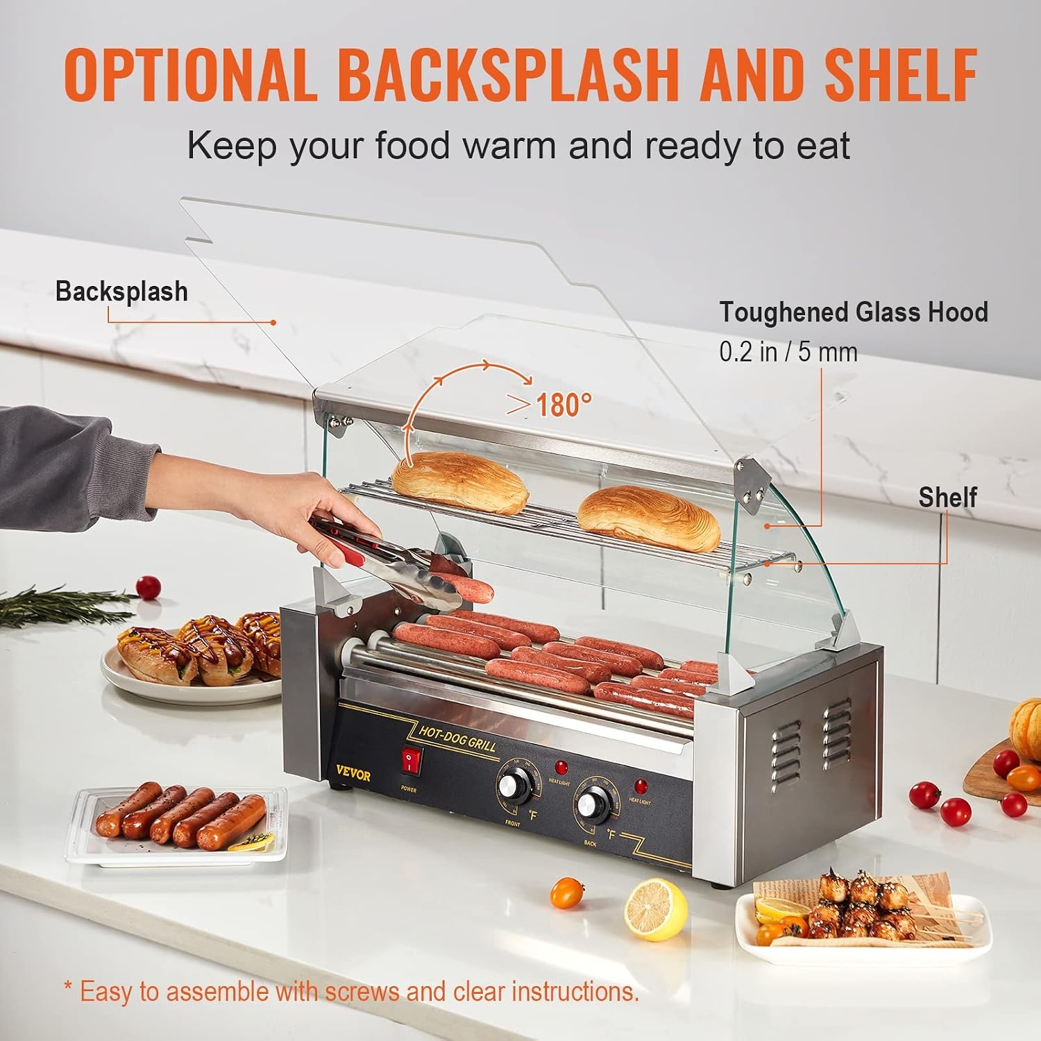 image:imageVEVOR Hot Dog Roller 5 Rollers 12 Hot Dogs Capacity 750W Stainless Sausage Grill Cooker Machine with Dual Temp Control Glass Hood Acrylic Cover Bun Warmer Shelf Removable Oil Drip Tray ETL Certified5 RollersCover