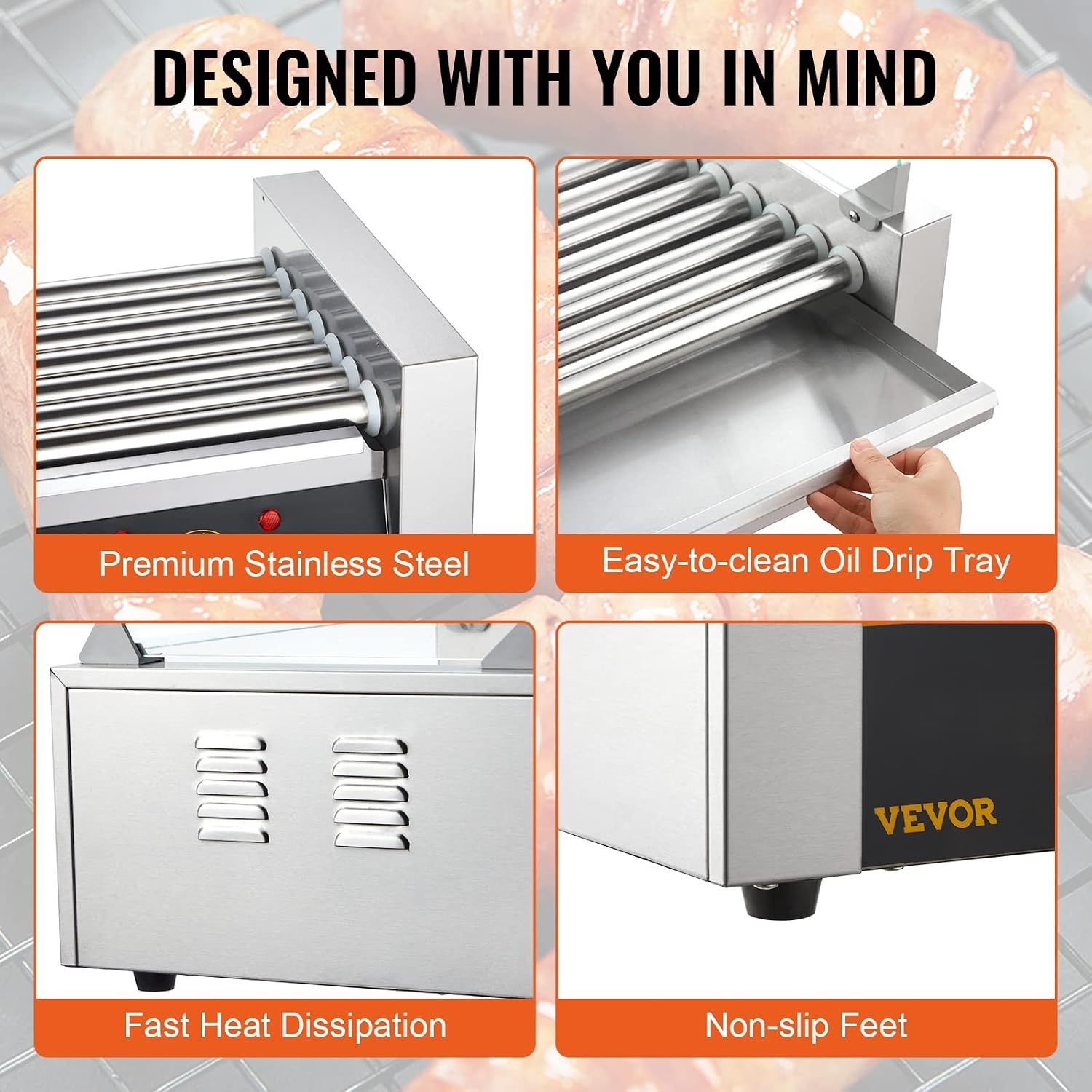image:imageVEVOR Hot Dog Roller 5 Rollers 12 Hot Dogs Capacity 750W Stainless Sausage Grill Cooker Machine with Dual Temp Control Glass Hood Acrylic Cover Bun Warmer Shelf Removable Oil Drip Tray ETL Certified7 RollersCover