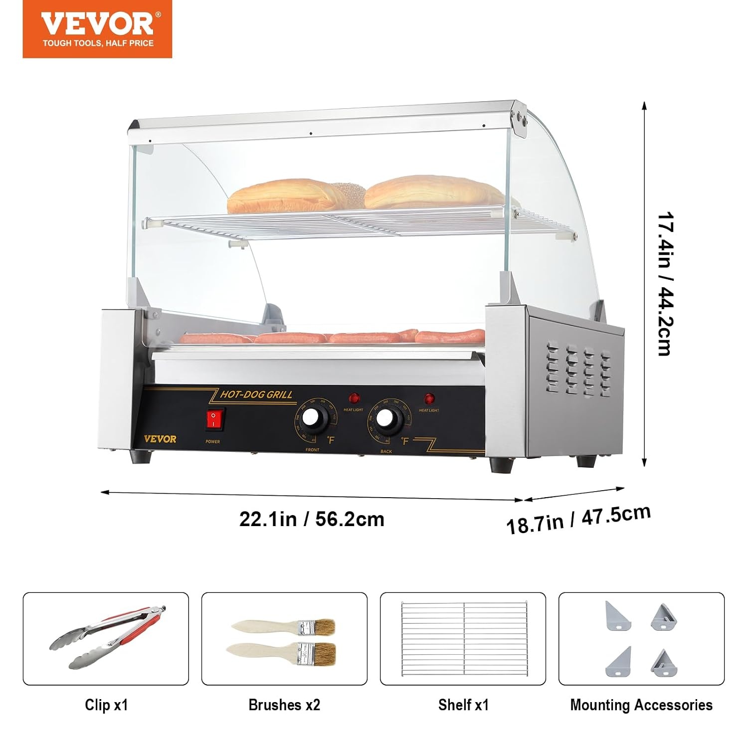 image:imageVEVOR Hot Dog Roller 5 Rollers 12 Hot Dogs Capacity 750W Stainless Sausage Grill Cooker Machine with Dual Temp Control Glass Hood Acrylic Cover Bun Warmer Shelf Removable Oil Drip Tray ETL Certified11 Roller