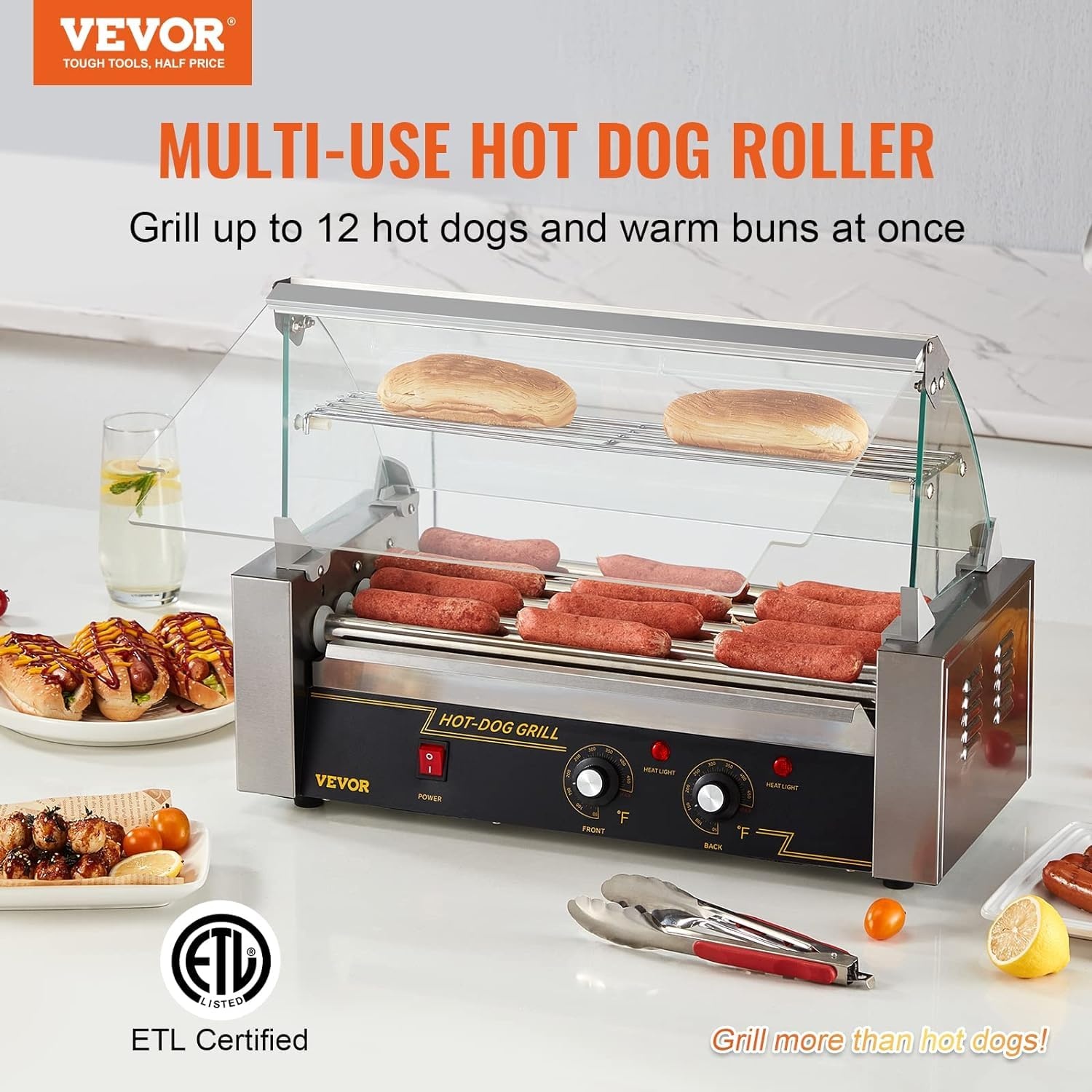 image:imageVEVOR Hot Dog Roller 5 Rollers 12 Hot Dogs Capacity 750W Stainless Sausage Grill Cooker Machine with Dual Temp Control Glass Hood Acrylic Cover Bun Warmer Shelf Removable Oil Drip Tray ETL Certified5 RollersCover