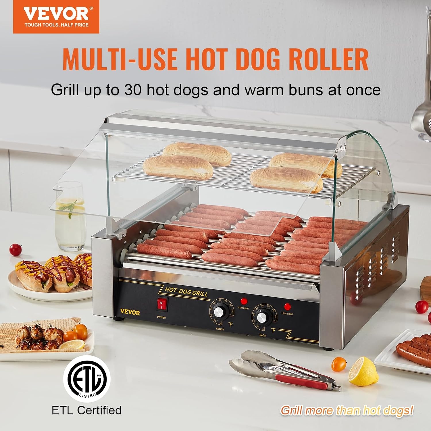 image:imageVEVOR Hot Dog Roller 5 Rollers 12 Hot Dogs Capacity 750W Stainless Sausage Grill Cooker Machine with Dual Temp Control Glass Hood Acrylic Cover Bun Warmer Shelf Removable Oil Drip Tray ETL Certified11 Roller