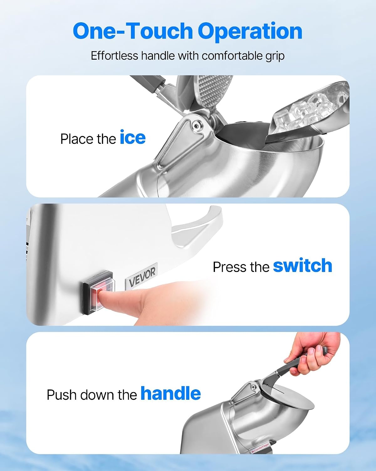image:imageVEVOR Ice Crusher Machine 286lbs Per Hour Electric 4 Blades Snow Cone Maker Stainless Steel Shaved Ice Machine with Bowl and Cover 300W 2000RPM IceShaver for Home and Commercial Use SilverSliver