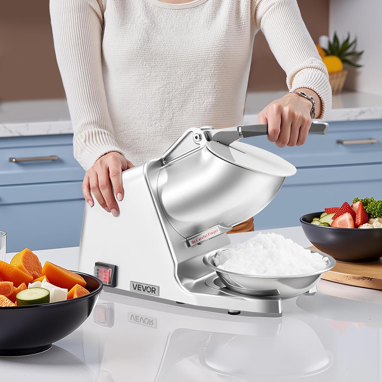 image:imageVEVOR Ice Crusher Machine 286lbs Per Hour Electric 4 Blades Snow Cone Maker Stainless Steel Shaved Ice Machine with Bowl and Cover 300W 2000RPM IceShaver for Home and Commercial Use SilverSliver