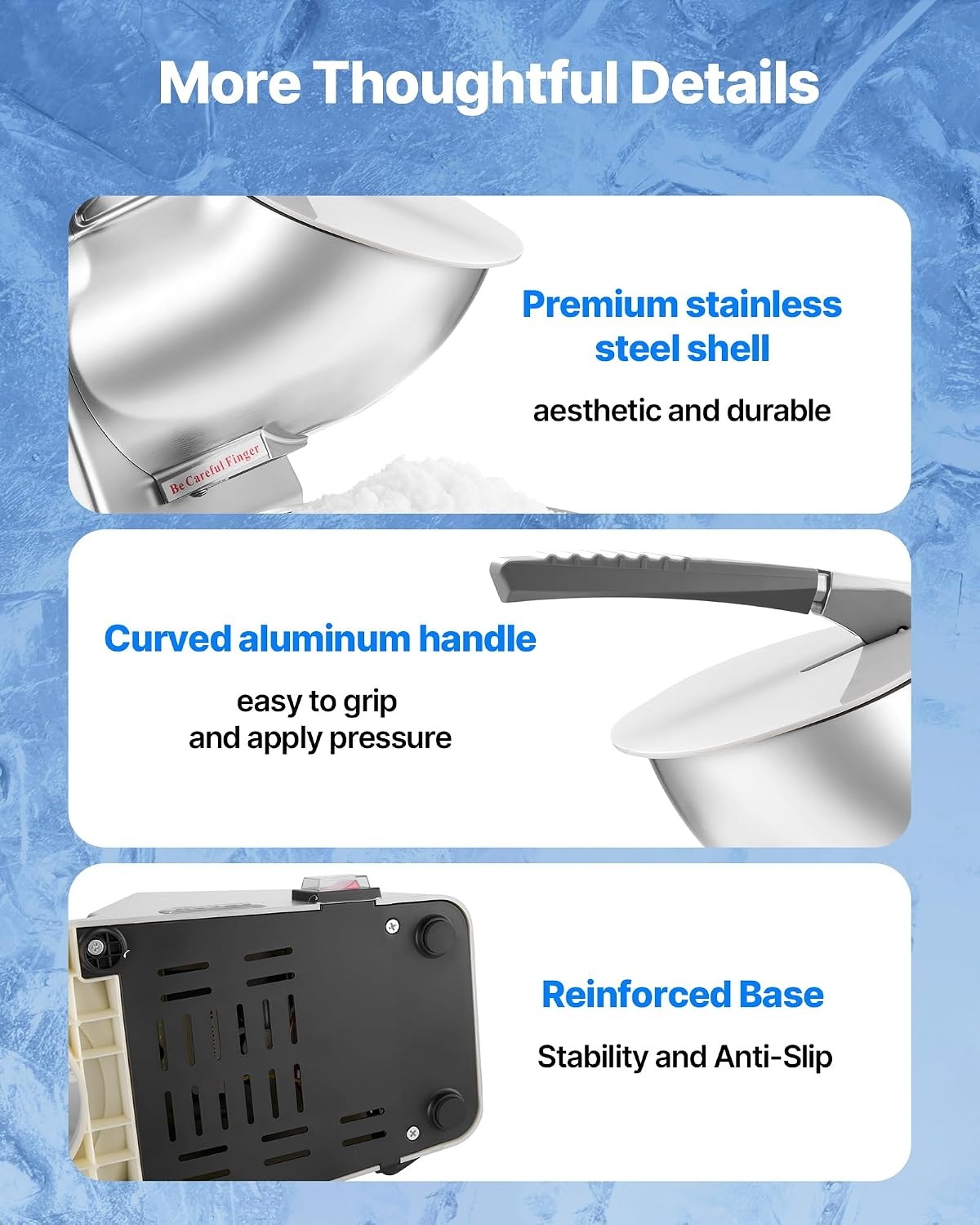 image:imageVEVOR Ice Crusher Machine 286lbs Per Hour Electric 4 Blades Snow Cone Maker Stainless Steel Shaved Ice Machine with Bowl and Cover 300W 2000RPM IceShaver for Home and Commercial Use SilverSliver
