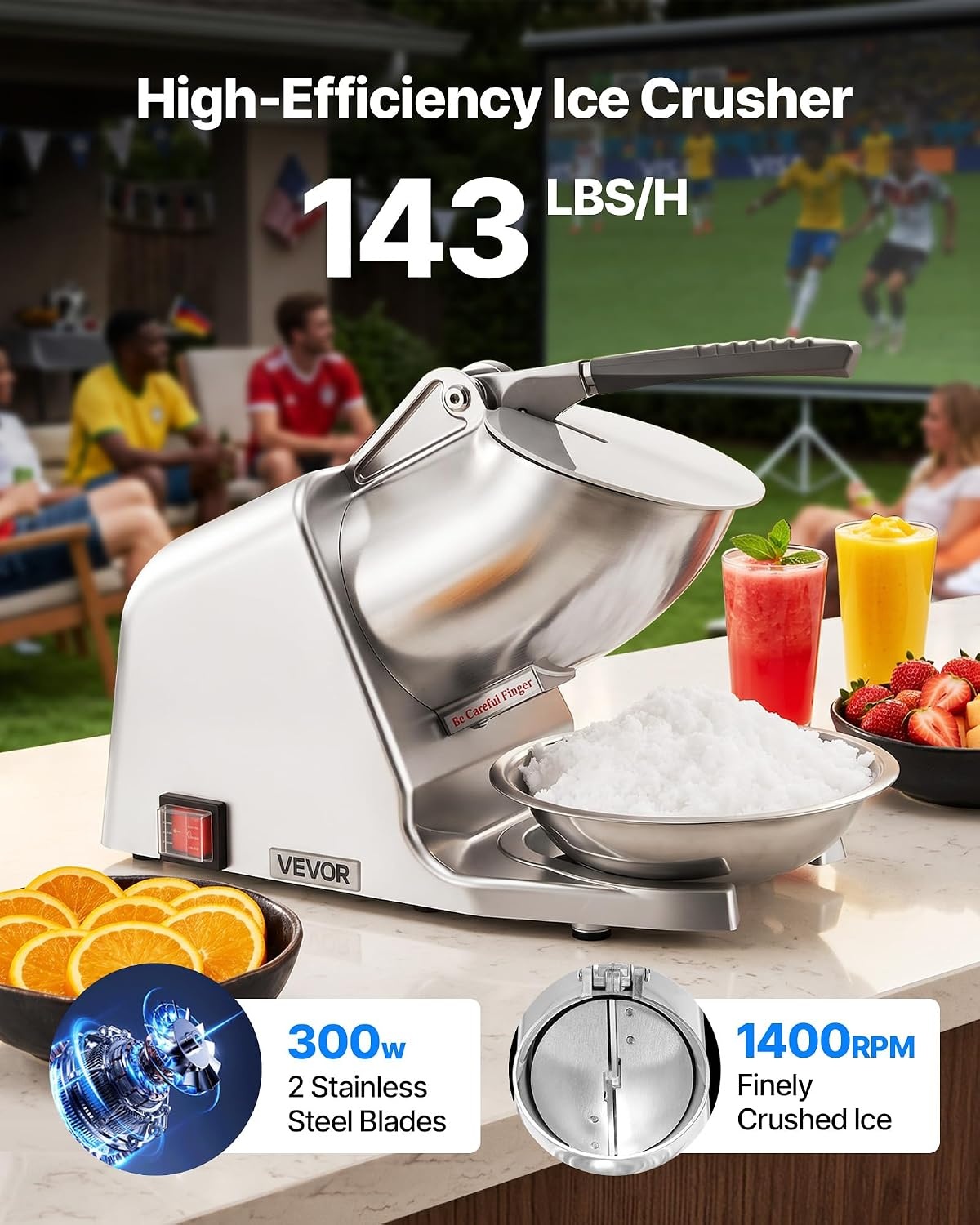 image:imageVEVOR Ice Crusher Machine 286lbs Per Hour Electric 4 Blades Snow Cone Maker Stainless Steel Shaved Ice Machine with Bowl and Cover 300W 2000RPM IceShaver for Home and Commercial Use SilverSliver