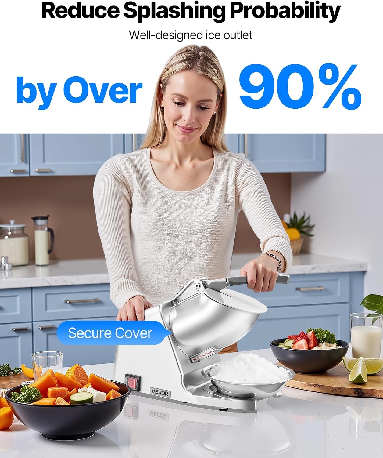 image:imageVEVOR Ice Crusher Machine 286lbs Per Hour Electric 4 Blades Snow Cone Maker Stainless Steel Shaved Ice Machine with Bowl and Cover 300W 2000RPM IceShaver for Home and Commercial Use SilverSliver