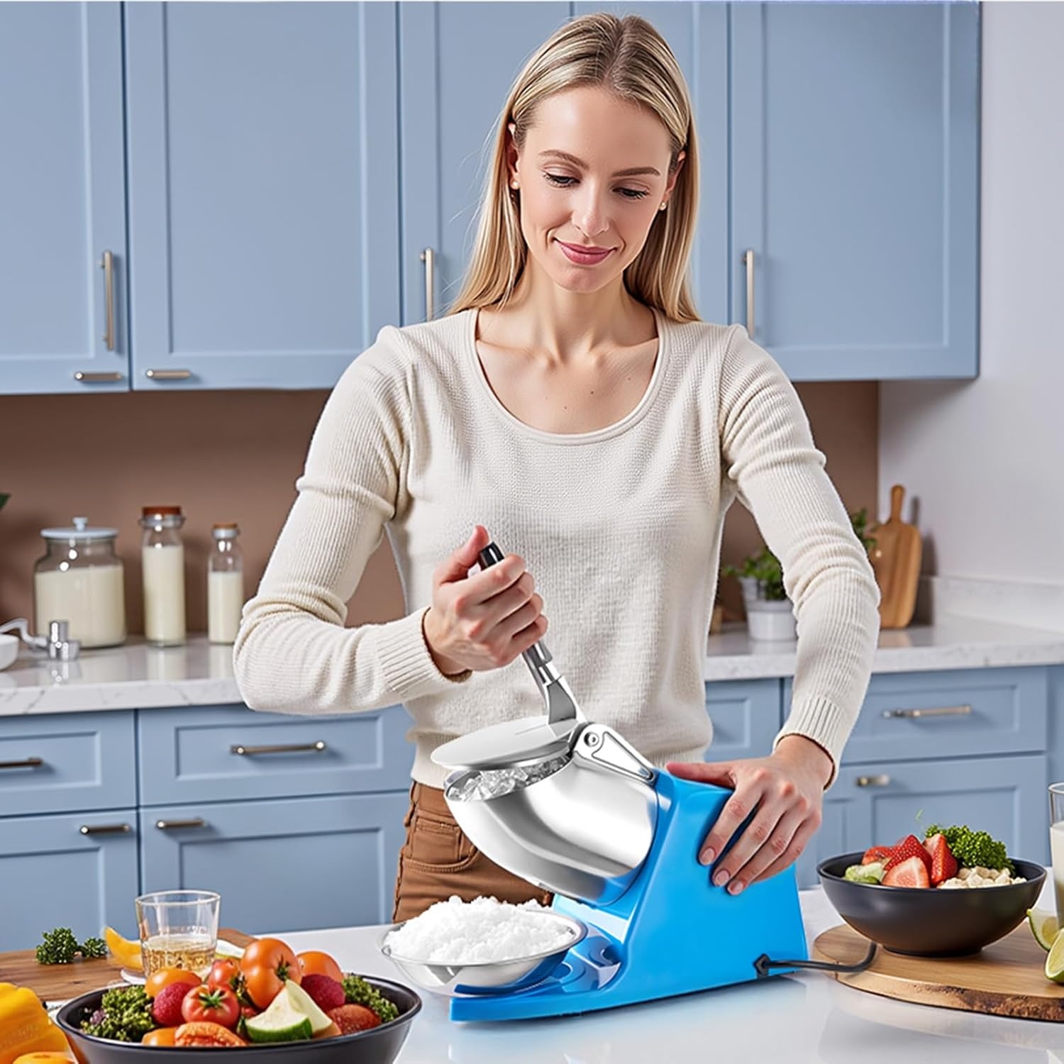 image:imageVEVOR Ice Crusher Machine 286lbs Per Hour Electric 4 Blades Snow Cone Maker Stainless Steel Shaved Ice Machine with Bowl and Cover 300W 2000RPM IceShaver for Home and Commercial Use SilverBlue