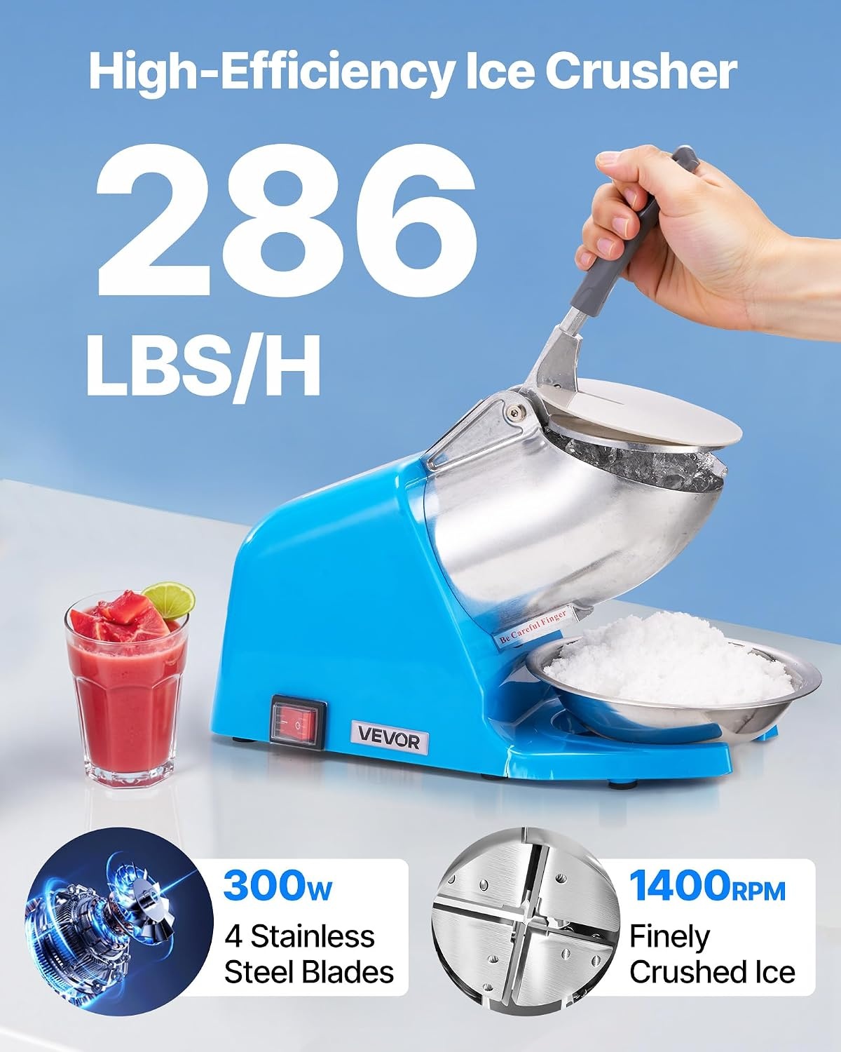 image:imageVEVOR Ice Crusher Machine 286lbs Per Hour Electric 4 Blades Snow Cone Maker Stainless Steel Shaved Ice Machine with Bowl and Cover 300W 2000RPM IceShaver for Home and Commercial Use SilverBlue