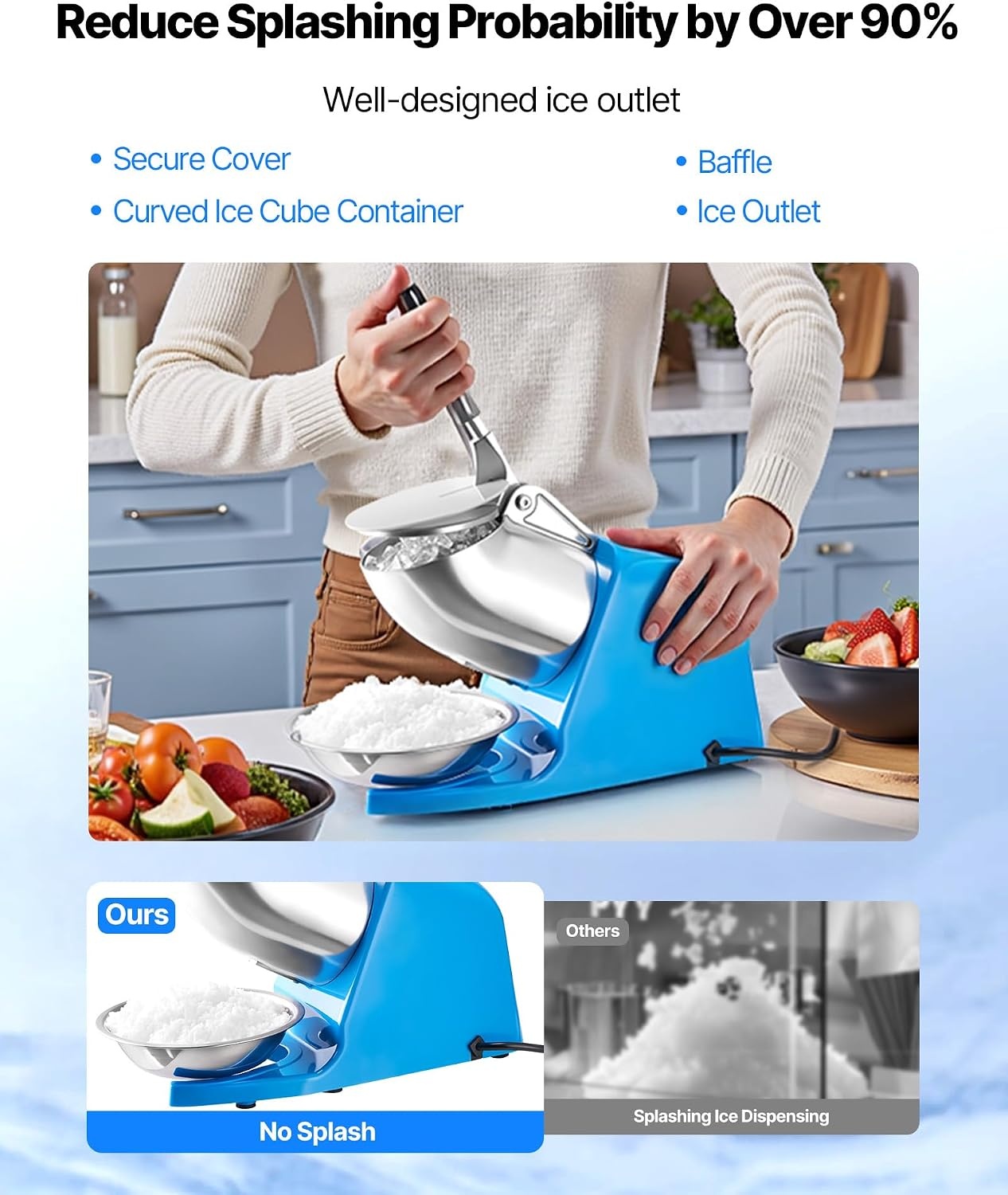image:imageVEVOR Ice Crusher Machine 286lbs Per Hour Electric 4 Blades Snow Cone Maker Stainless Steel Shaved Ice Machine with Bowl and Cover 300W 2000RPM IceShaver for Home and Commercial Use SilverBlue
