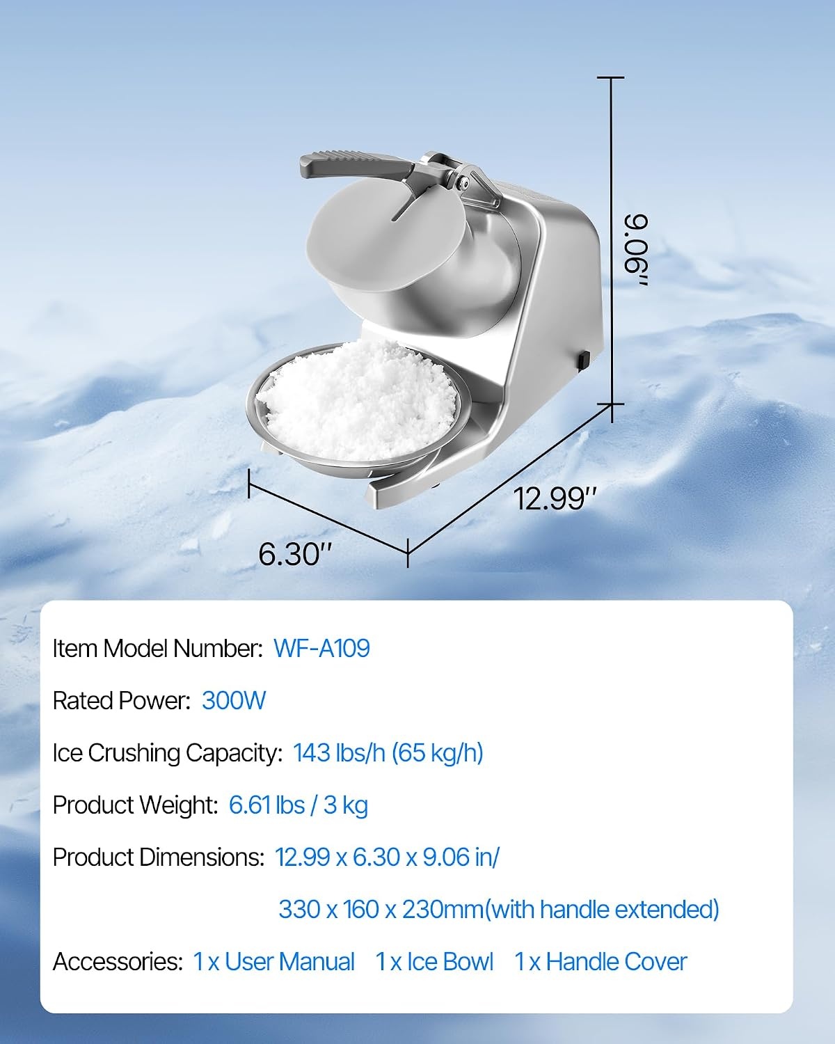 image:imageVEVOR Ice Crusher Machine 286lbs Per Hour Electric 4 Blades Snow Cone Maker Stainless Steel Shaved Ice Machine with Bowl and Cover 300W 2000RPM IceShaver for Home and Commercial Use SilverSliver