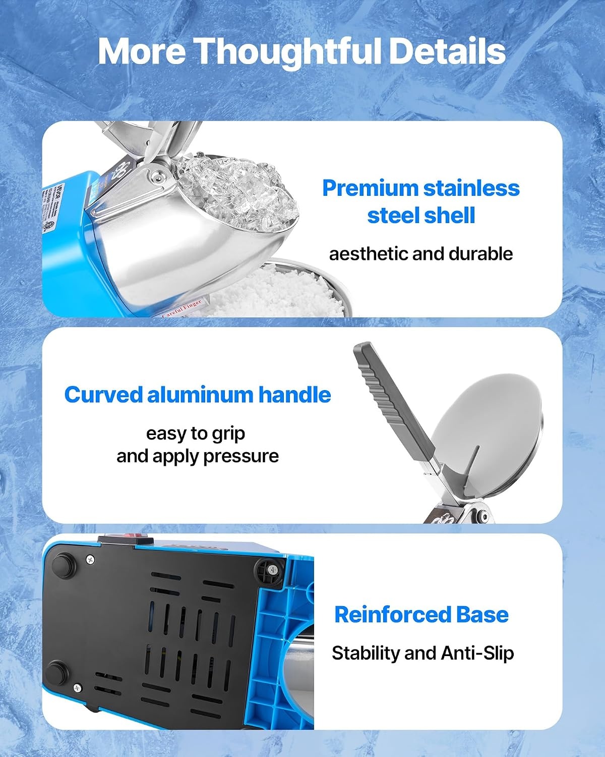 image:imageVEVOR Ice Crusher Machine 286lbs Per Hour Electric 4 Blades Snow Cone Maker Stainless Steel Shaved Ice Machine with Bowl and Cover 300W 2000RPM IceShaver for Home and Commercial Use SilverBlue