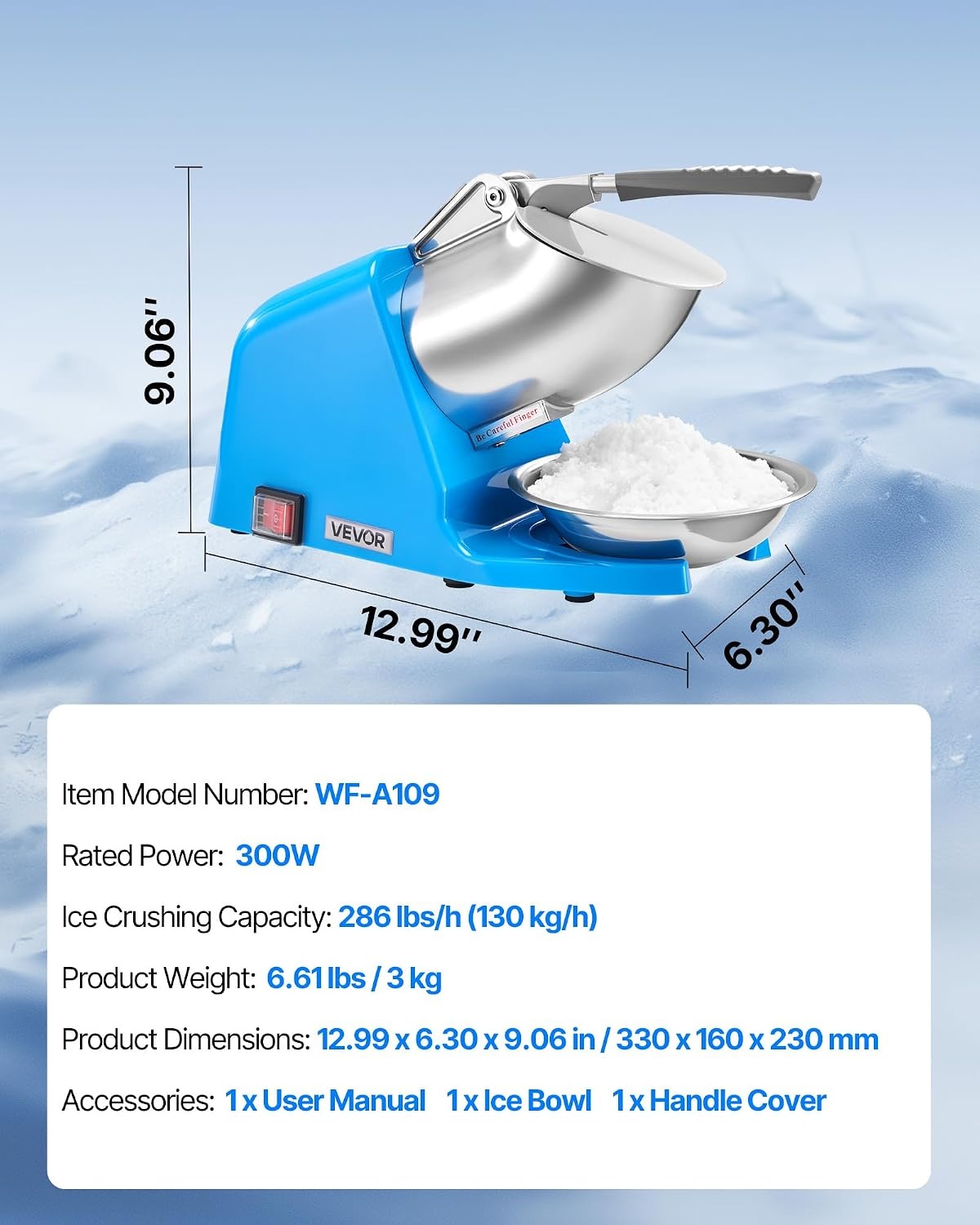 image:imageVEVOR Ice Crusher Machine 286lbs Per Hour Electric 4 Blades Snow Cone Maker Stainless Steel Shaved Ice Machine with Bowl and Cover 300W 2000RPM IceShaver for Home and Commercial Use SilverBlue