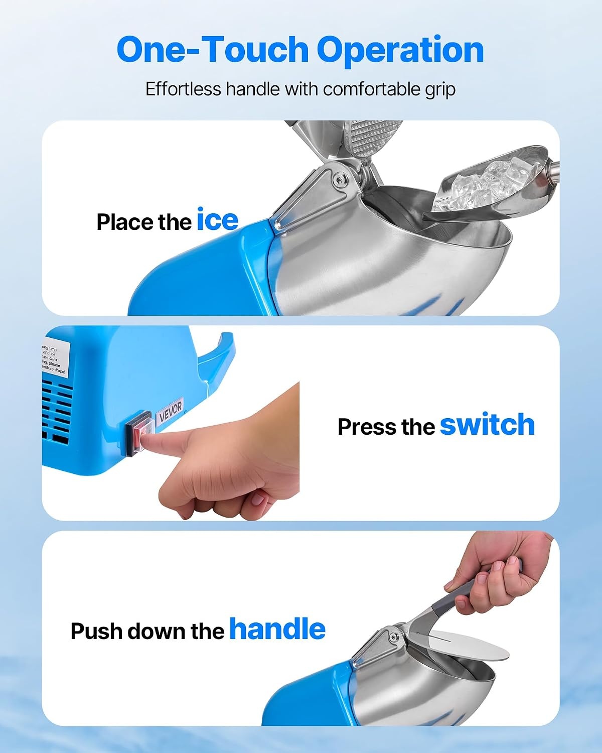 image:imageVEVOR Ice Crusher Machine 286lbs Per Hour Electric 4 Blades Snow Cone Maker Stainless Steel Shaved Ice Machine with Bowl and Cover 300W 2000RPM IceShaver for Home and Commercial Use SilverBlue