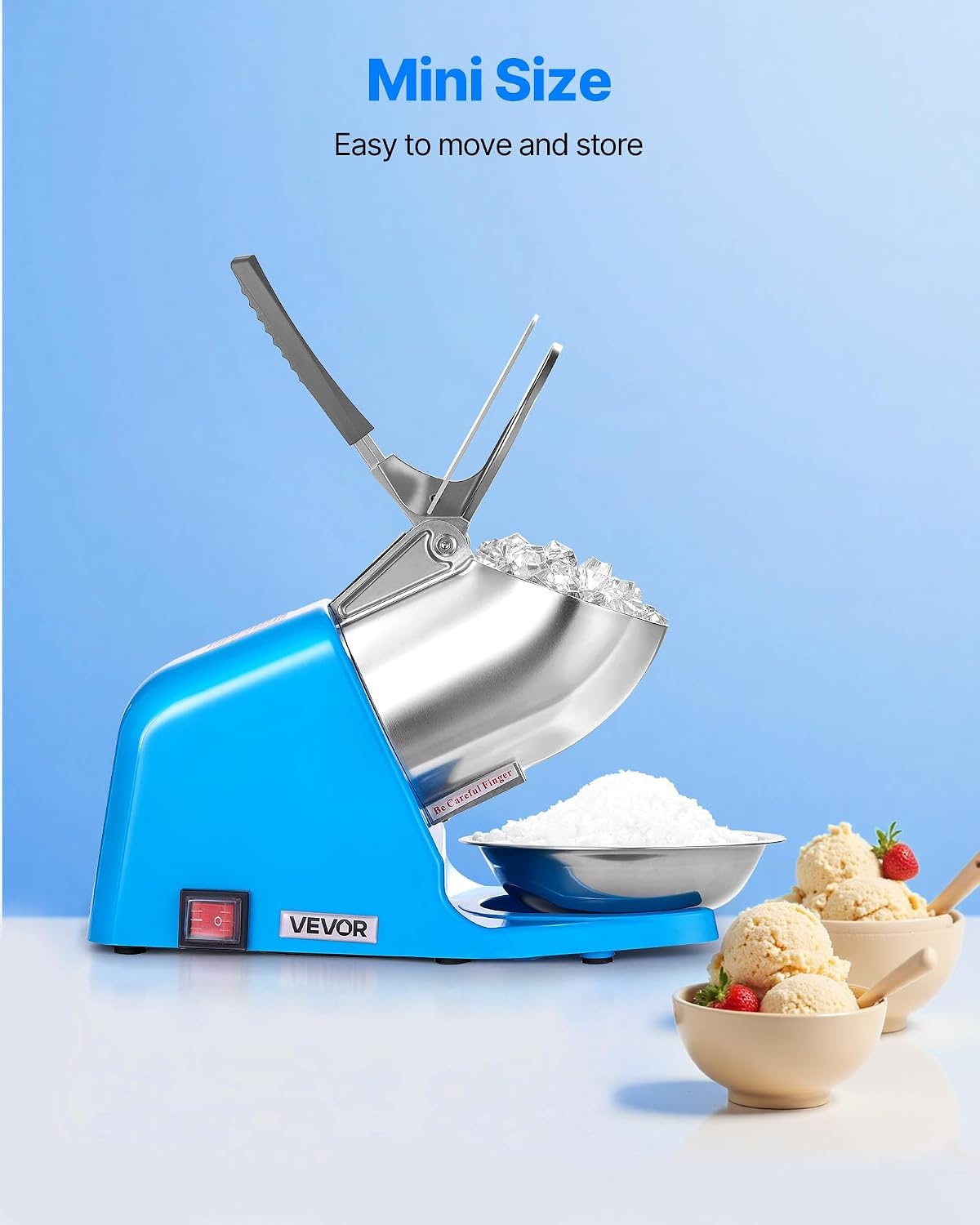 image:imageVEVOR Ice Crusher Machine 286lbs Per Hour Electric 4 Blades Snow Cone Maker Stainless Steel Shaved Ice Machine with Bowl and Cover 300W 2000RPM IceShaver for Home and Commercial Use SilverBlue
