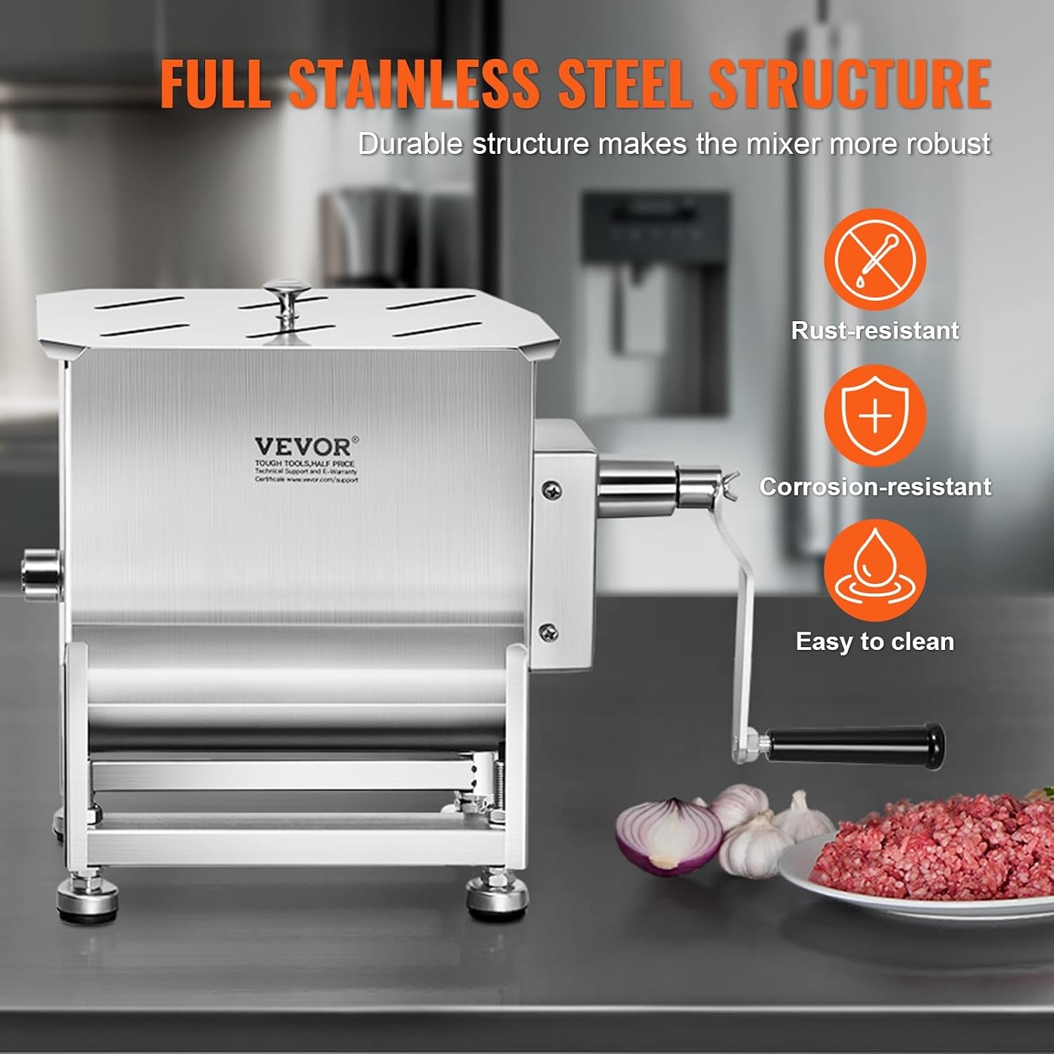 image:imageVEVOR Manual Meat Mixer 10L Fixed Tank Heavy Duty Stainless Steel Hand Mixer for Ground Beef amp Sausage Max 15lb Mixing Meat Capacity with Gear Box and Lid HandleBX30