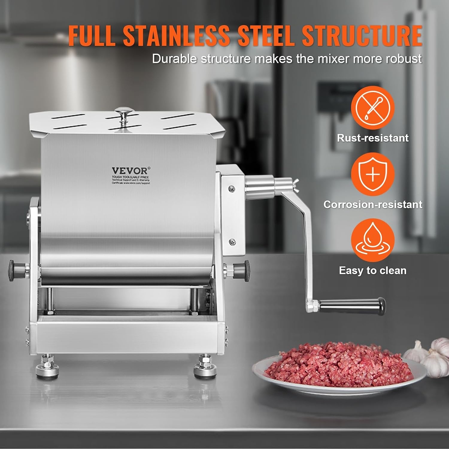 image:imageVEVOR Manual Meat Mixer 10L Fixed Tank Heavy Duty Stainless Steel Hand Mixer for Ground Beef amp Sausage Max 15lb Mixing Meat Capacity with Gear Box and Lid HandleBX40T