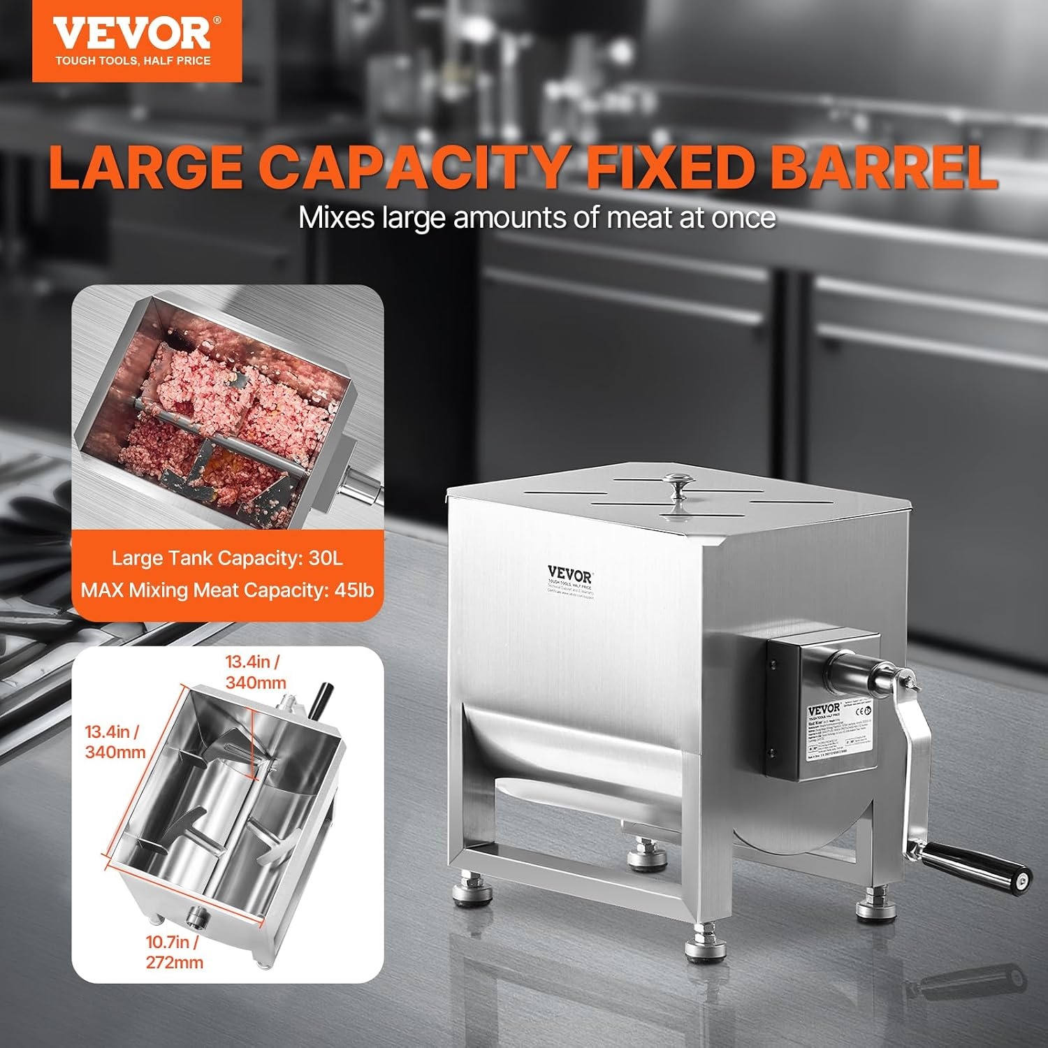 image:imageVEVOR Manual Meat Mixer 10L Fixed Tank Heavy Duty Stainless Steel Hand Mixer for Ground Beef amp Sausage Max 15lb Mixing Meat Capacity with Gear Box and Lid HandleBX30
