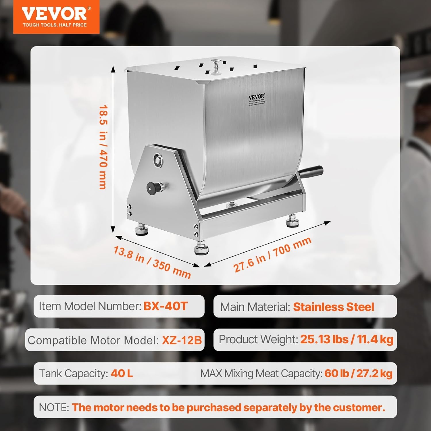 image:imageVEVOR Manual Meat Mixer 10L Fixed Tank Heavy Duty Stainless Steel Hand Mixer for Ground Beef amp Sausage Max 15lb Mixing Meat Capacity with Gear Box and Lid HandleBX40T
