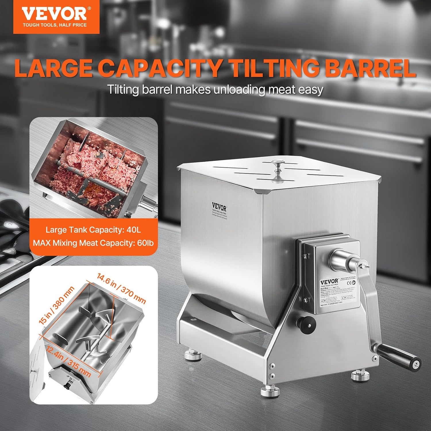 image:imageVEVOR Manual Meat Mixer 10L Fixed Tank Heavy Duty Stainless Steel Hand Mixer for Ground Beef amp Sausage Max 15lb Mixing Meat Capacity with Gear Box and Lid HandleBX40T