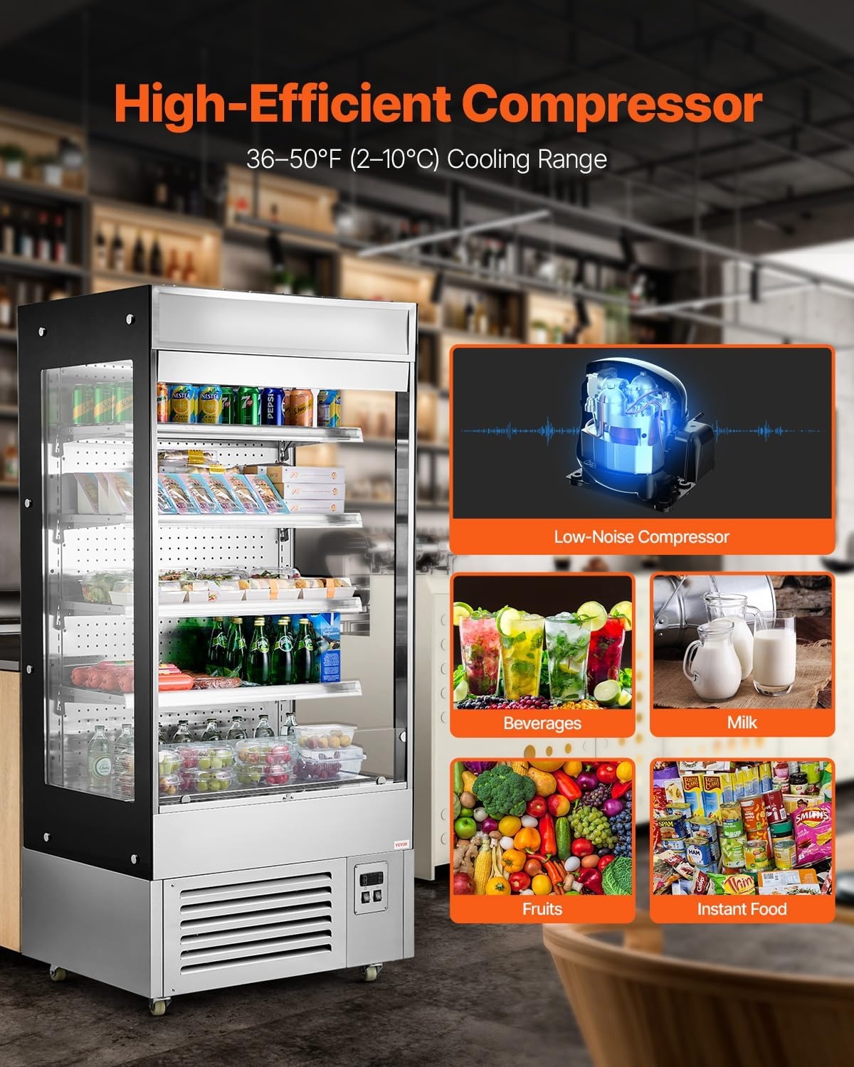 image:imageVEVOR Open Air Merchandiser 4Tier Shelving Commercial Refrigerator Grab and Go Display Cooler Refrigerator with Air Curtain LED Advertising Light Fits for Restaurants Stores Office 184cuft