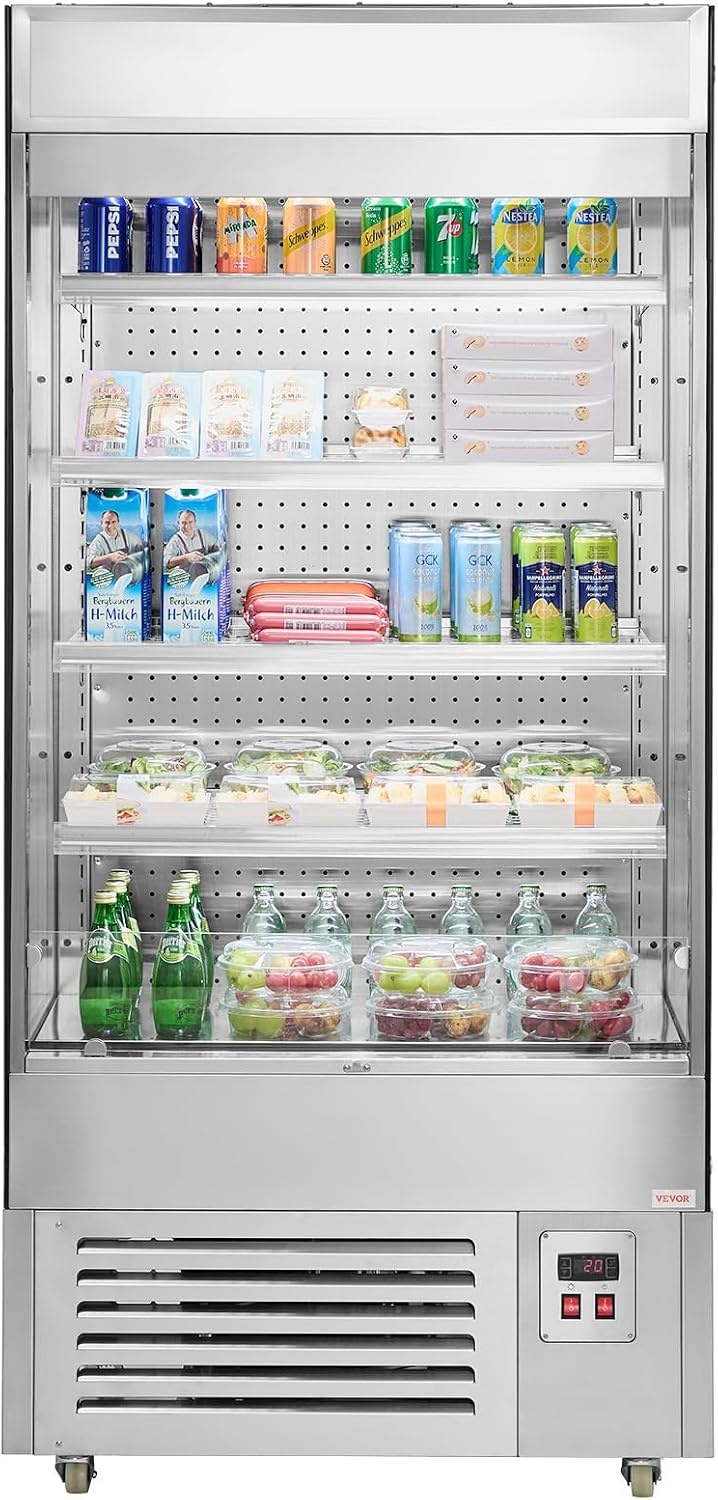 image:imageVEVOR Open Air Merchandiser 4Tier Shelving Commercial Refrigerator Grab and Go Display Cooler Refrigerator with Air Curtain LED Advertising Light Fits for Restaurants Stores Office 184cuft