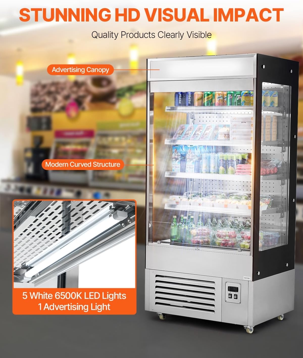 image:imageVEVOR Open Air Merchandiser 4Tier Shelving Commercial Refrigerator Grab and Go Display Cooler Refrigerator with Air Curtain LED Advertising Light Fits for Restaurants Stores Office 184cuft