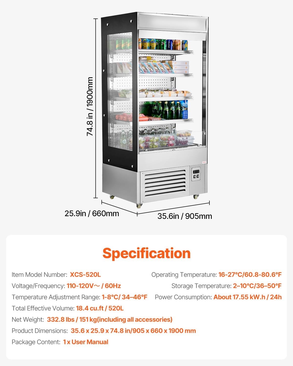 image:imageVEVOR Open Air Merchandiser 4Tier Shelving Commercial Refrigerator Grab and Go Display Cooler Refrigerator with Air Curtain LED Advertising Light Fits for Restaurants Stores Office 184cuft