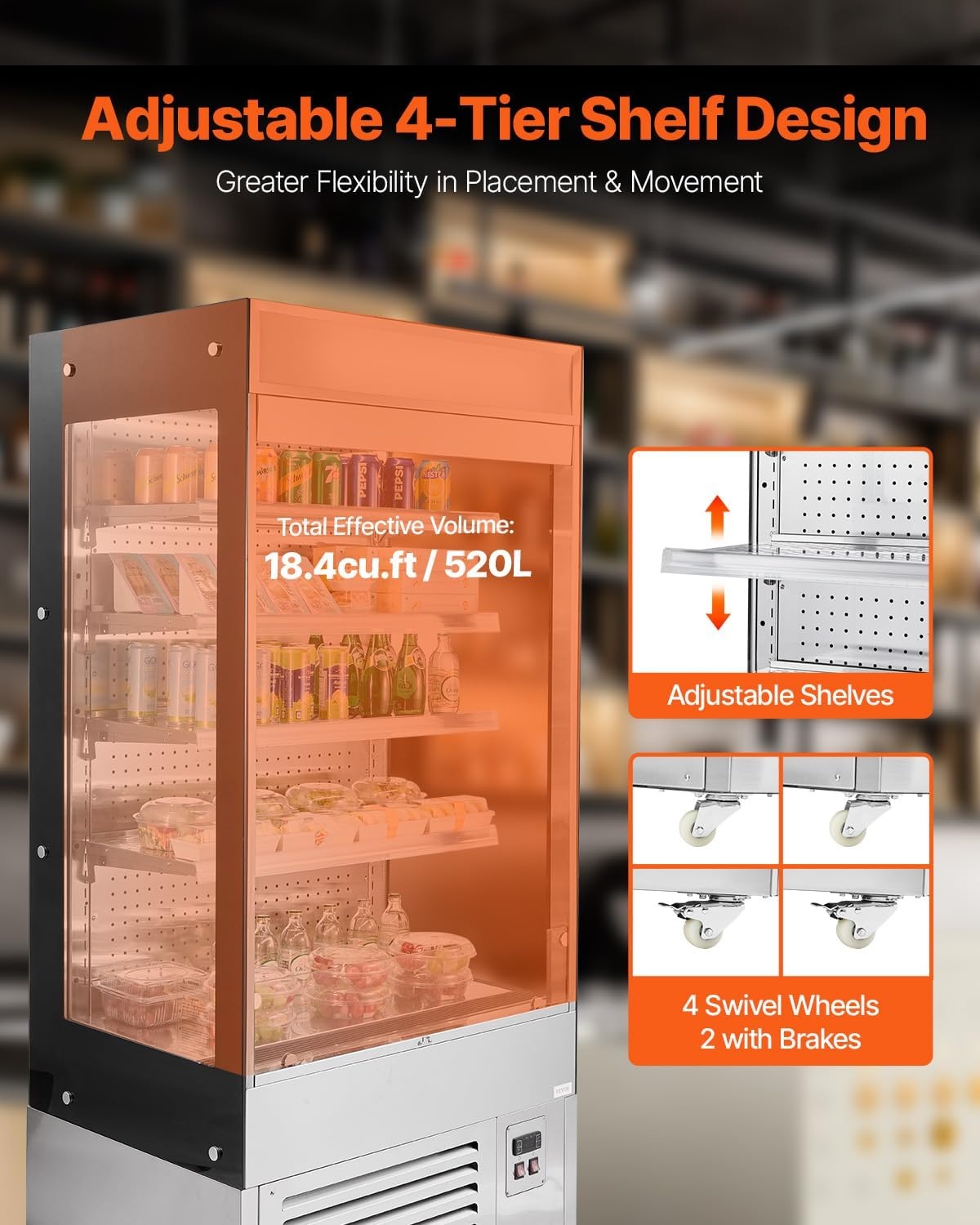 image:imageVEVOR Open Air Merchandiser 4Tier Shelving Commercial Refrigerator Grab and Go Display Cooler Refrigerator with Air Curtain LED Advertising Light Fits for Restaurants Stores Office 184cuft