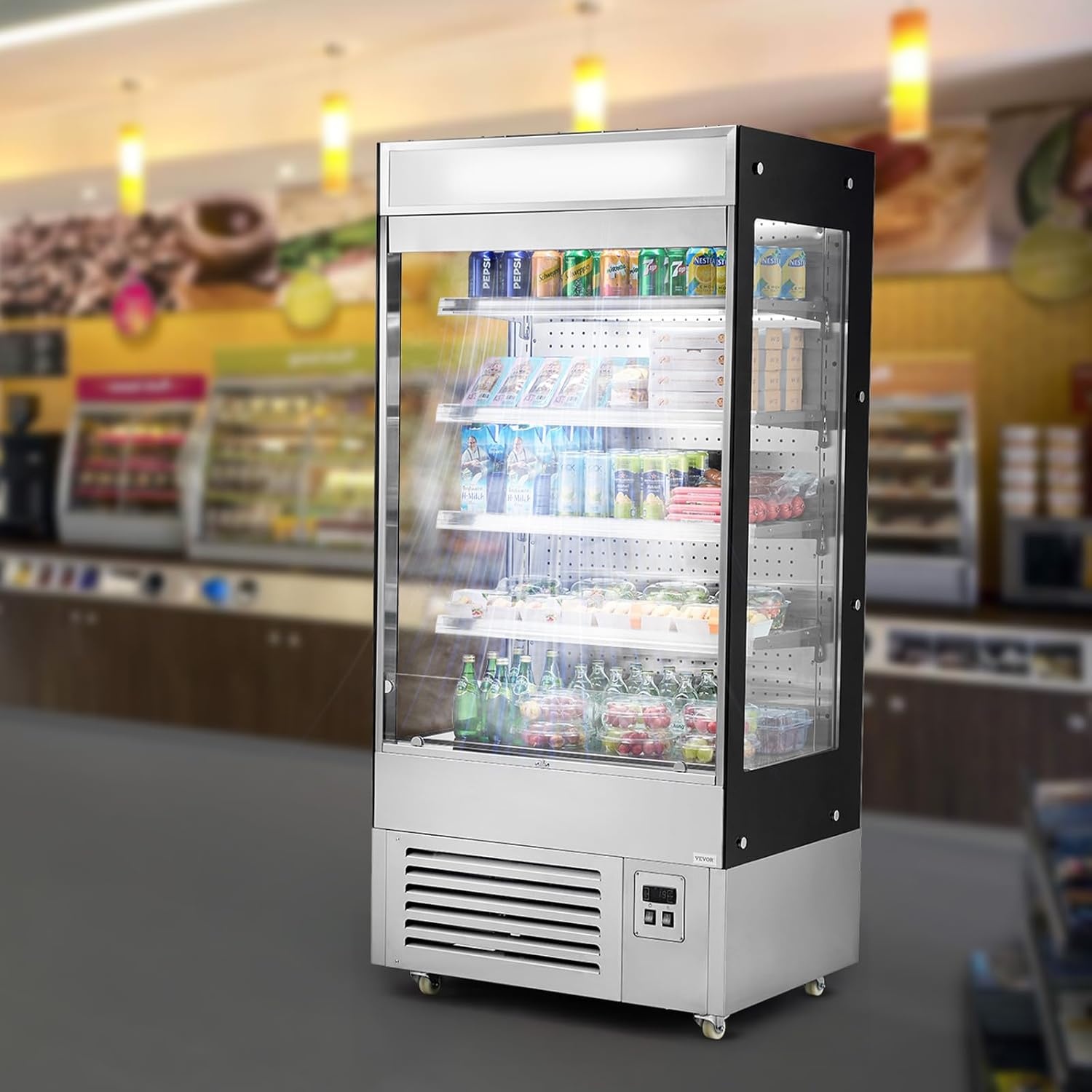 image:imageVEVOR Open Air Merchandiser 4Tier Shelving Commercial Refrigerator Grab and Go Display Cooler Refrigerator with Air Curtain LED Advertising Light Fits for Restaurants Stores Office 184cuft