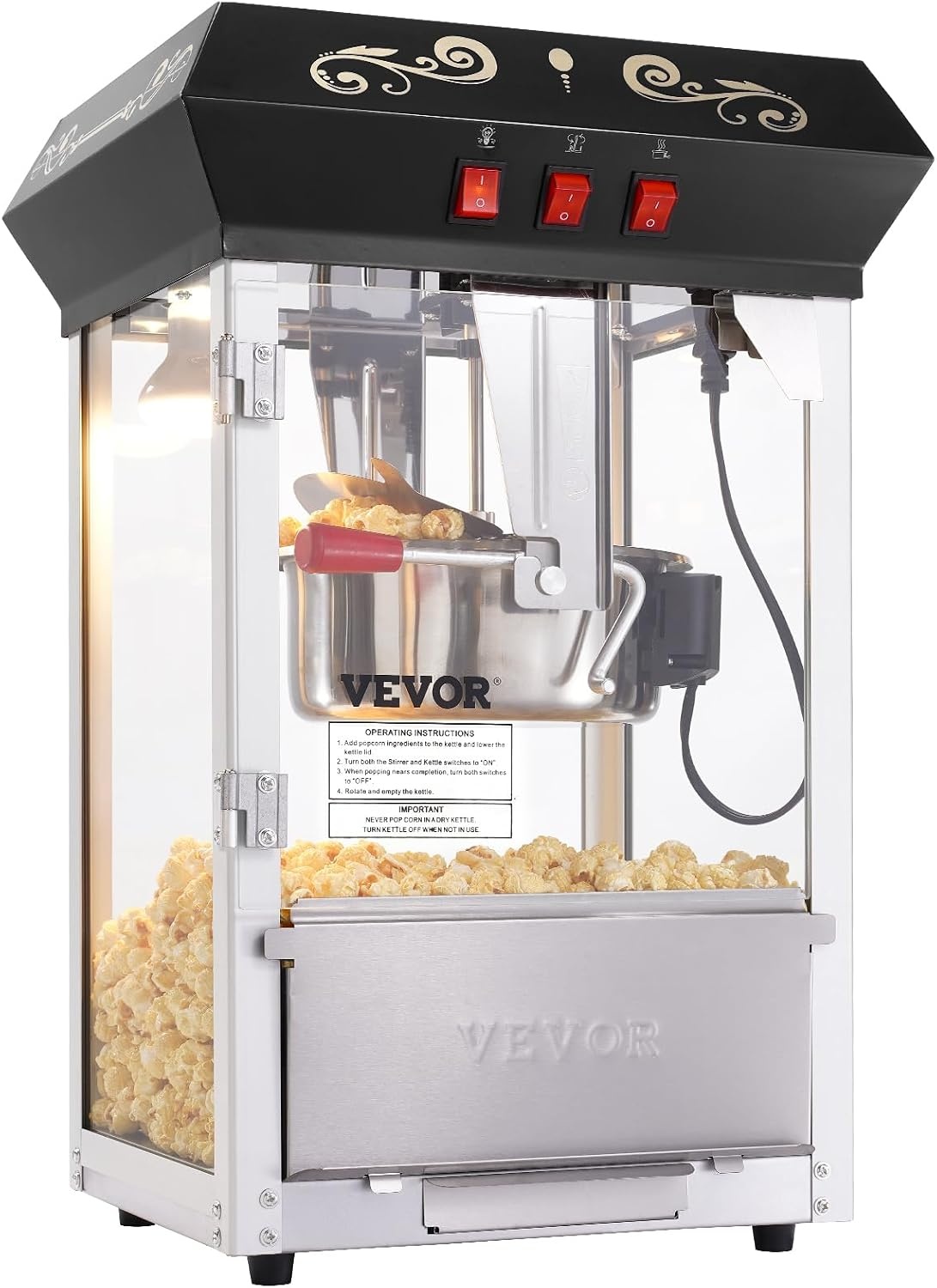image:imageVEVOR Popcorn Maker 850W Popcorn Popper Machine 8 Oz Kettle Makes 48 Cups per Batch Countertop Popcorn Maker with Tempered Glass Includes 4 Scoops Movie Theater Style Black8OZ