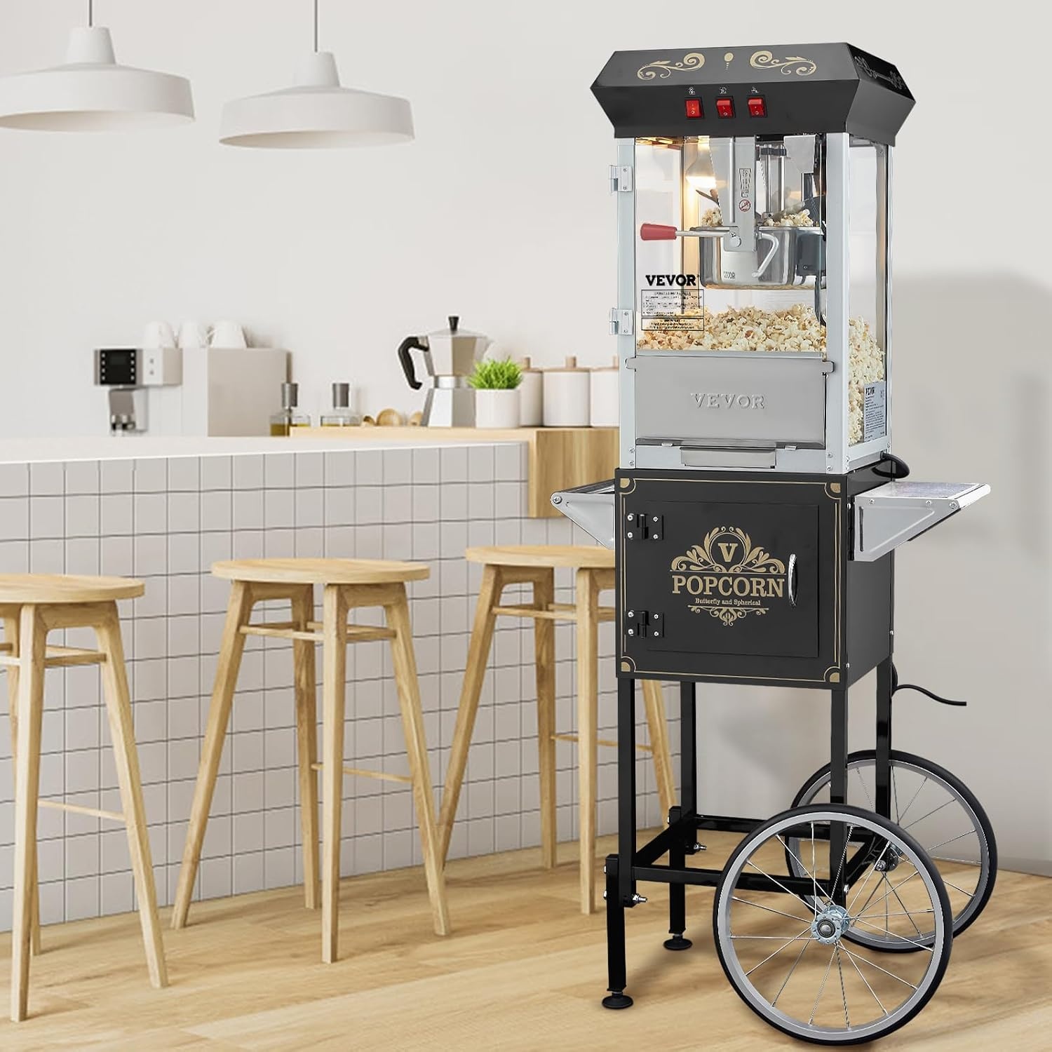 image:imageVEVOR Popcorn Maker 850W Popcorn Popper Machine 8 Oz Kettle Makes 48 Cups per Batch Countertop Popcorn Maker with Tempered Glass Includes 4 Scoops Movie Theater Style Black8OZ with Cart