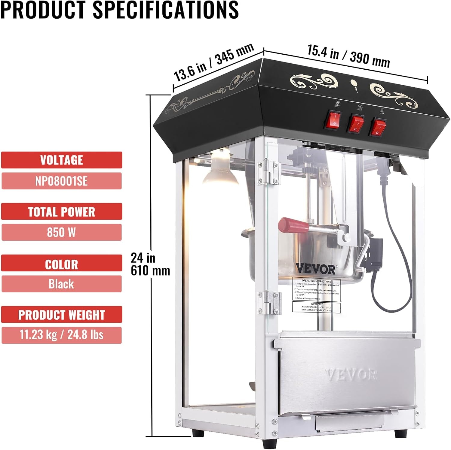 image:imageVEVOR Popcorn Maker 850W Popcorn Popper Machine 8 Oz Kettle Makes 48 Cups per Batch Countertop Popcorn Maker with Tempered Glass Includes 4 Scoops Movie Theater Style Black8OZ