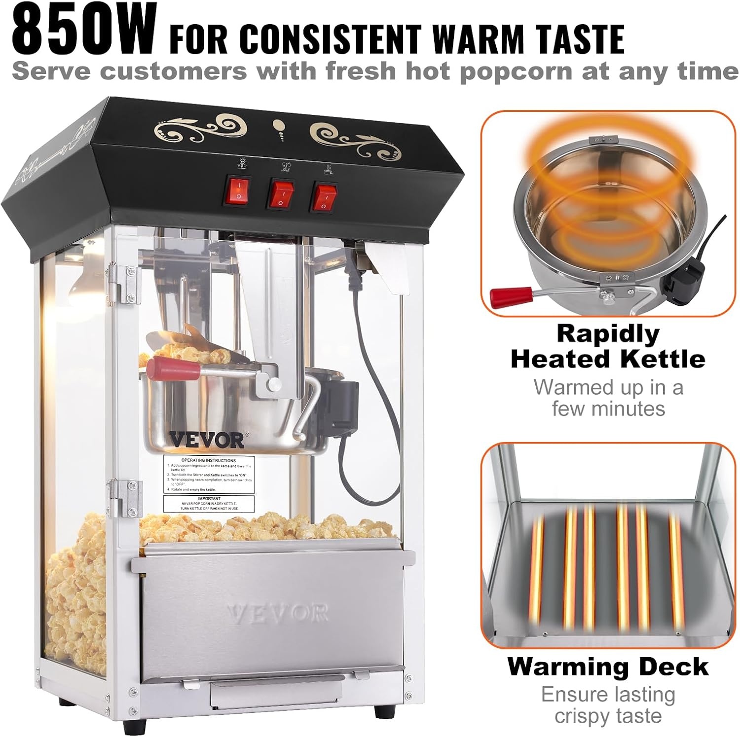 image:imageVEVOR Popcorn Maker 850W Popcorn Popper Machine 8 Oz Kettle Makes 48 Cups per Batch Countertop Popcorn Maker with Tempered Glass Includes 4 Scoops Movie Theater Style Black8OZ