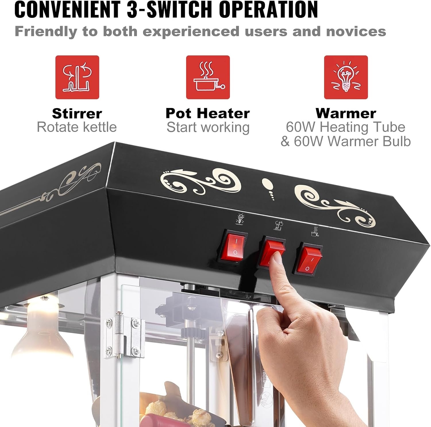 image:imageVEVOR Popcorn Maker 850W Popcorn Popper Machine 8 Oz Kettle Makes 48 Cups per Batch Countertop Popcorn Maker with Tempered Glass Includes 4 Scoops Movie Theater Style Black8OZ