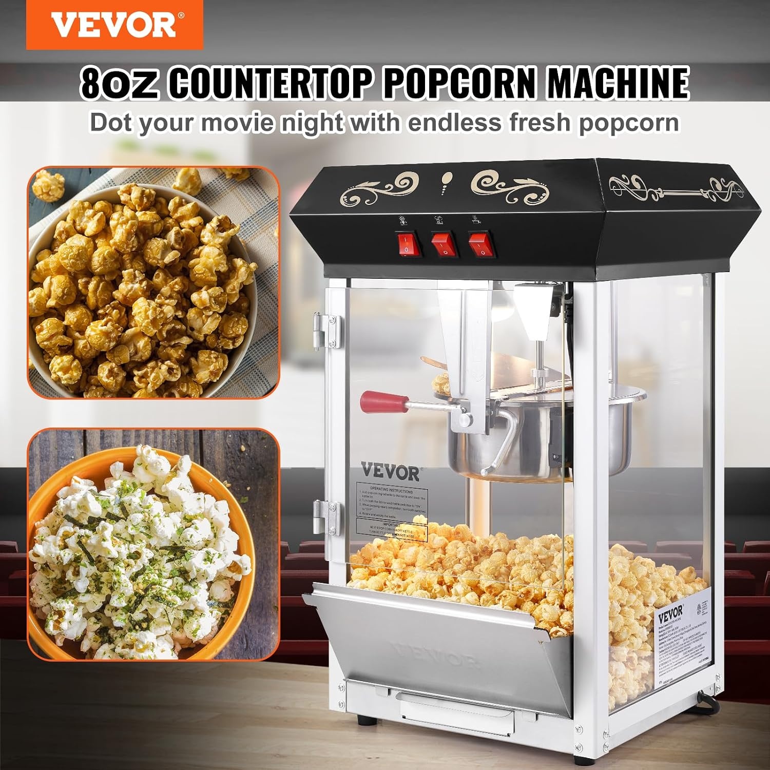 image:imageVEVOR Popcorn Maker 850W Popcorn Popper Machine 8 Oz Kettle Makes 48 Cups per Batch Countertop Popcorn Maker with Tempered Glass Includes 4 Scoops Movie Theater Style Black8OZ