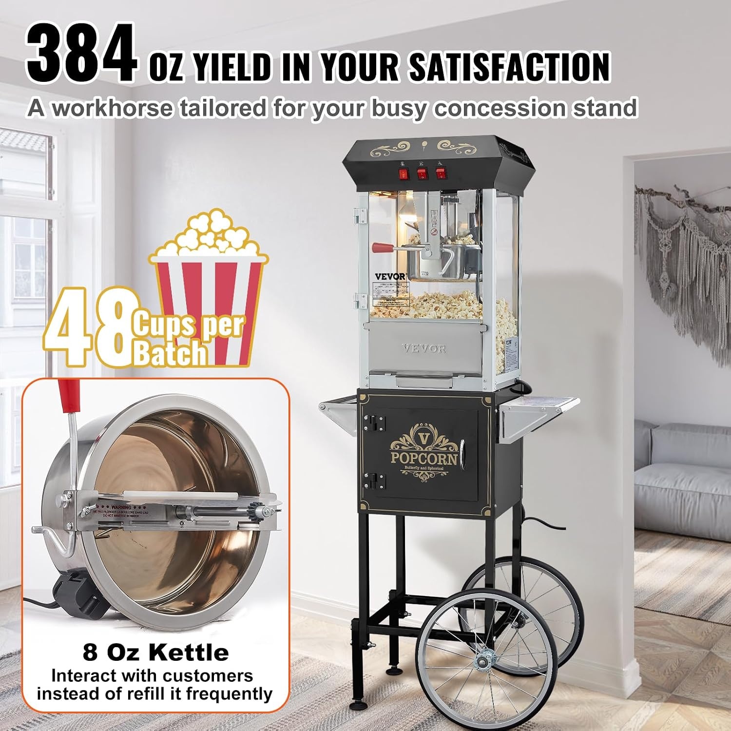 image:imageVEVOR Popcorn Maker 850W Popcorn Popper Machine 8 Oz Kettle Makes 48 Cups per Batch Countertop Popcorn Maker with Tempered Glass Includes 4 Scoops Movie Theater Style Black8OZ with Cart