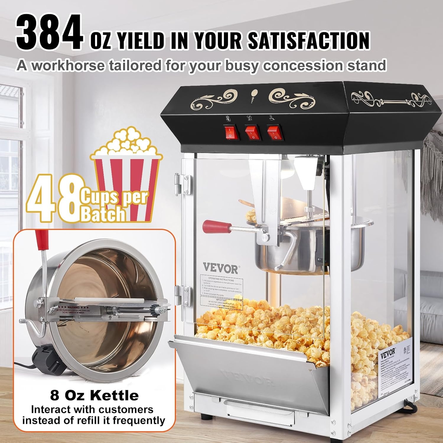 image:imageVEVOR Popcorn Maker 850W Popcorn Popper Machine 8 Oz Kettle Makes 48 Cups per Batch Countertop Popcorn Maker with Tempered Glass Includes 4 Scoops Movie Theater Style Black8OZ