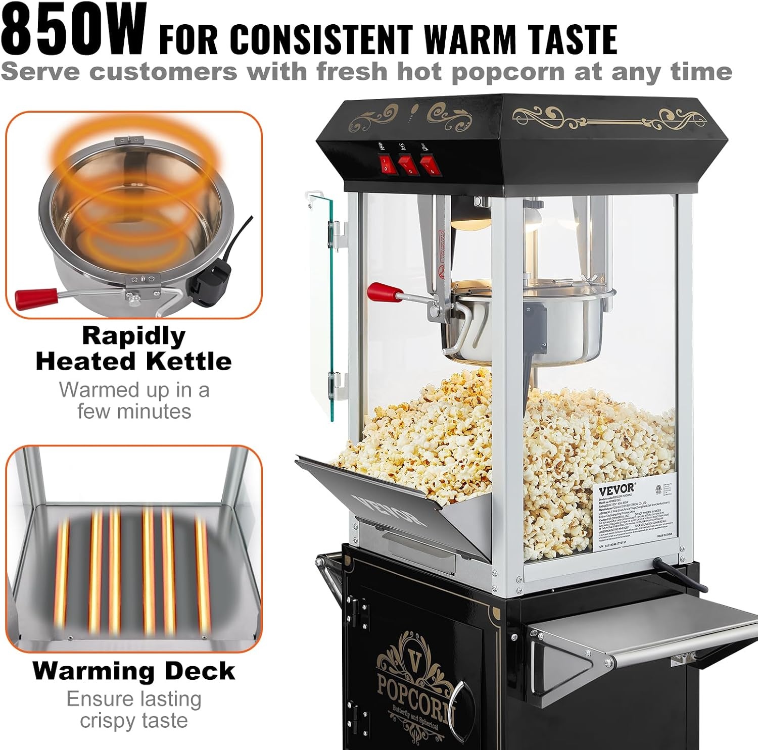 image:imageVEVOR Popcorn Maker 850W Popcorn Popper Machine 8 Oz Kettle Makes 48 Cups per Batch Countertop Popcorn Maker with Tempered Glass Includes 4 Scoops Movie Theater Style Black8OZ with Cart