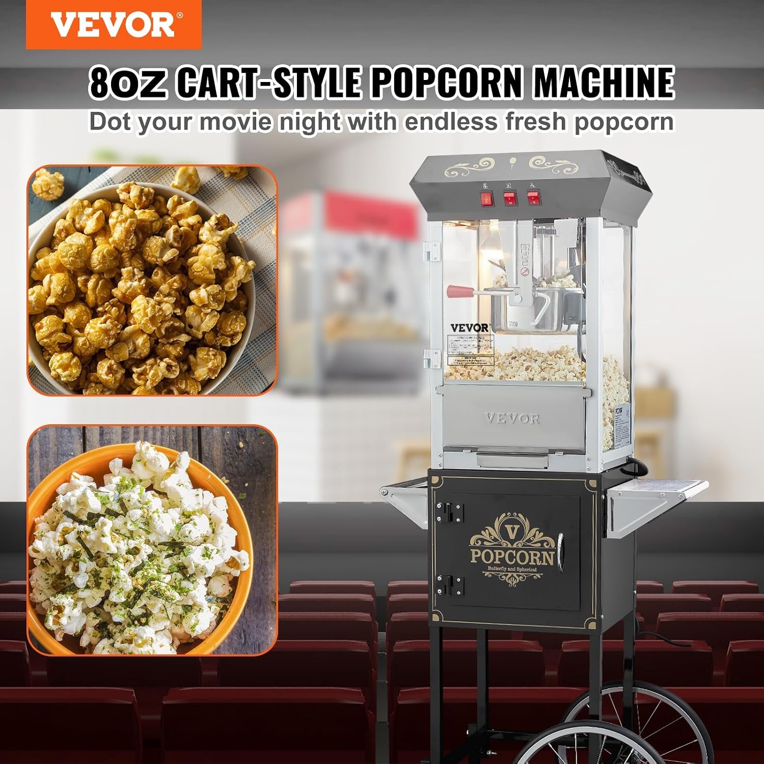 image:imageVEVOR Popcorn Maker 850W Popcorn Popper Machine 8 Oz Kettle Makes 48 Cups per Batch Countertop Popcorn Maker with Tempered Glass Includes 4 Scoops Movie Theater Style Black8OZ with Cart
