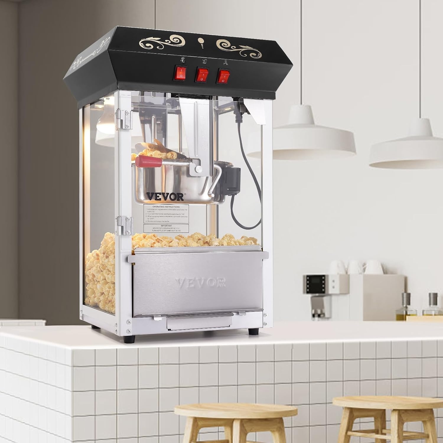 image:imageVEVOR Popcorn Maker 850W Popcorn Popper Machine 8 Oz Kettle Makes 48 Cups per Batch Countertop Popcorn Maker with Tempered Glass Includes 4 Scoops Movie Theater Style Black8OZ