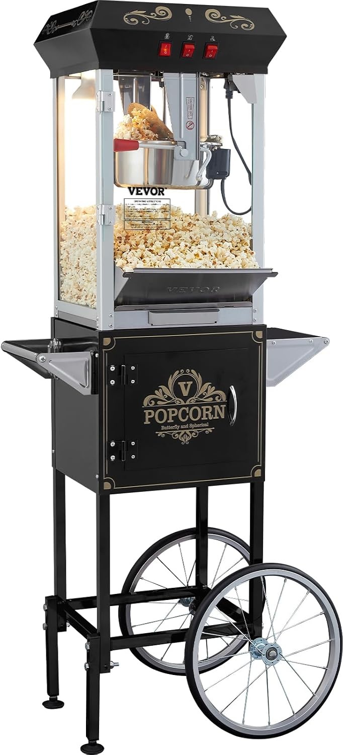 image:imageVEVOR Popcorn Maker 850W Popcorn Popper Machine 8 Oz Kettle Makes 48 Cups per Batch Countertop Popcorn Maker with Tempered Glass Includes 4 Scoops Movie Theater Style Black8OZ with Cart