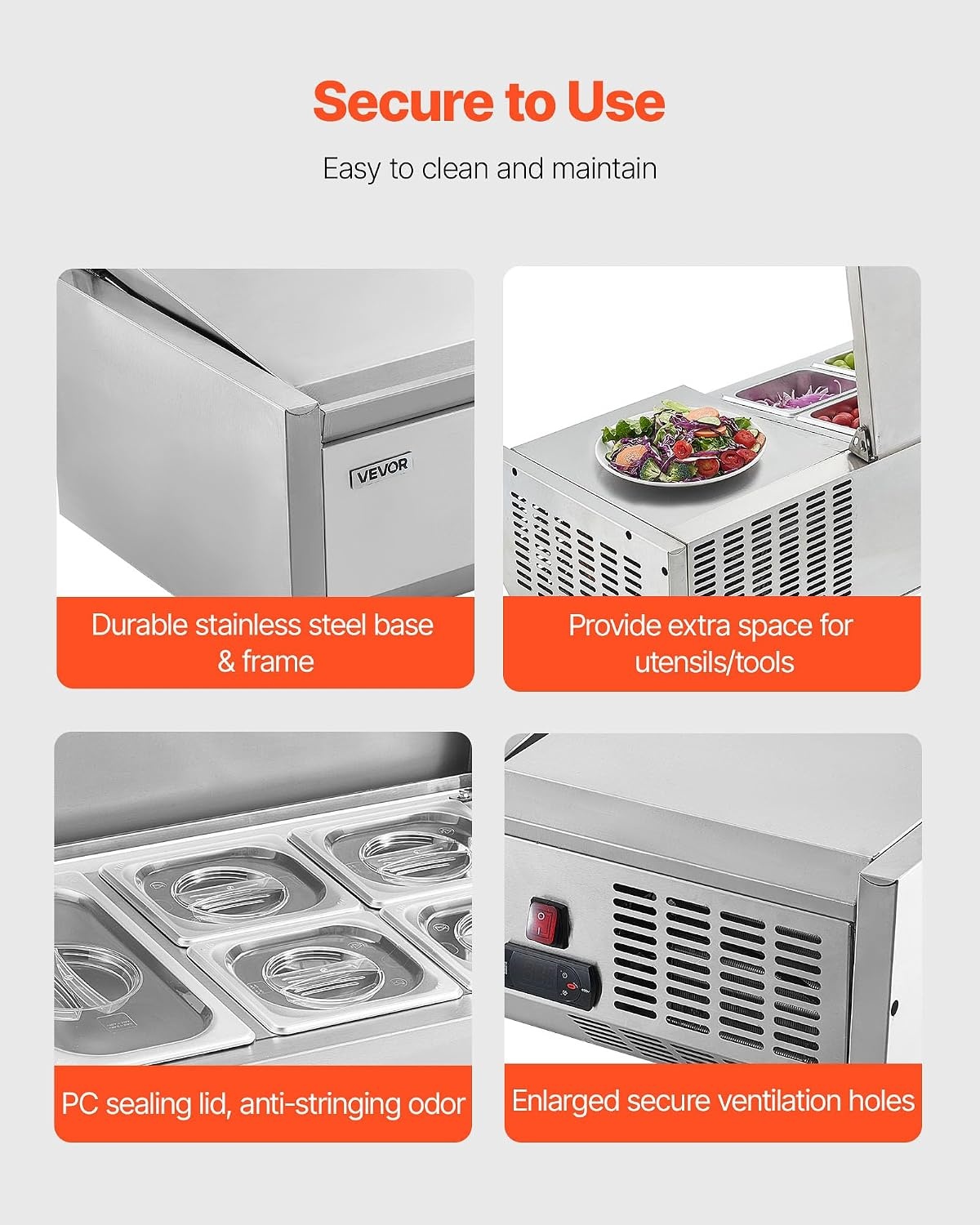 image:imageVEVOR Refrigerated Condiment Prep Station 140 W Countertop Refrigerated Condiment Station with Five 13 Pans amp Four 16 Pans 304 Stainless Body and PC Lid Sandwich Prep Table with Stainless GuardNew Stainless 40 in