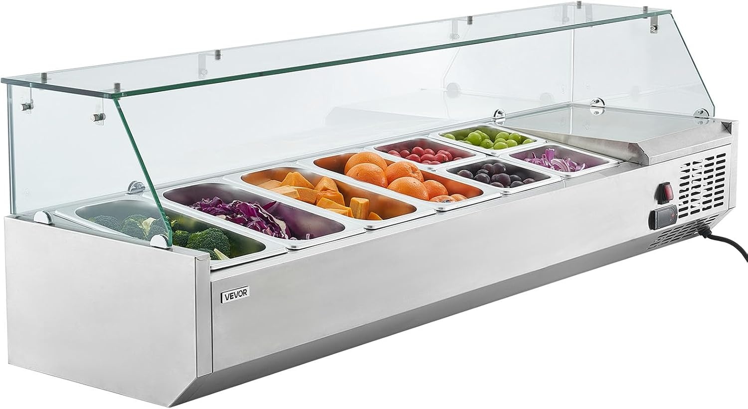 image:imageVEVOR Refrigerated Condiment Prep Station 140 W Countertop Refrigerated Condiment Station with Five 13 Pans amp Four 16 Pans 304 Stainless Body and PC Lid Sandwich Prep Table with Stainless GuardNew Glass 60 in