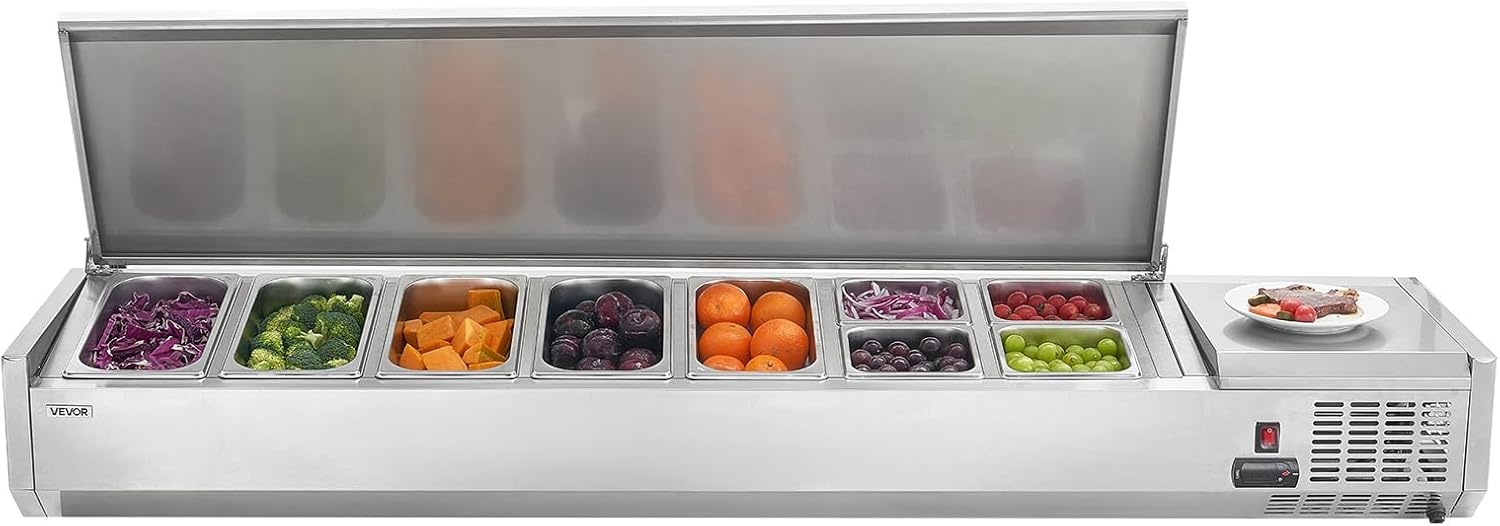 image:imageVEVOR Refrigerated Condiment Prep Station 140 W Countertop Refrigerated Condiment Station with Five 13 Pans amp Four 16 Pans 304 Stainless Body and PC Lid Sandwich Prep Table with Stainless GuardNew Stainless 71 in